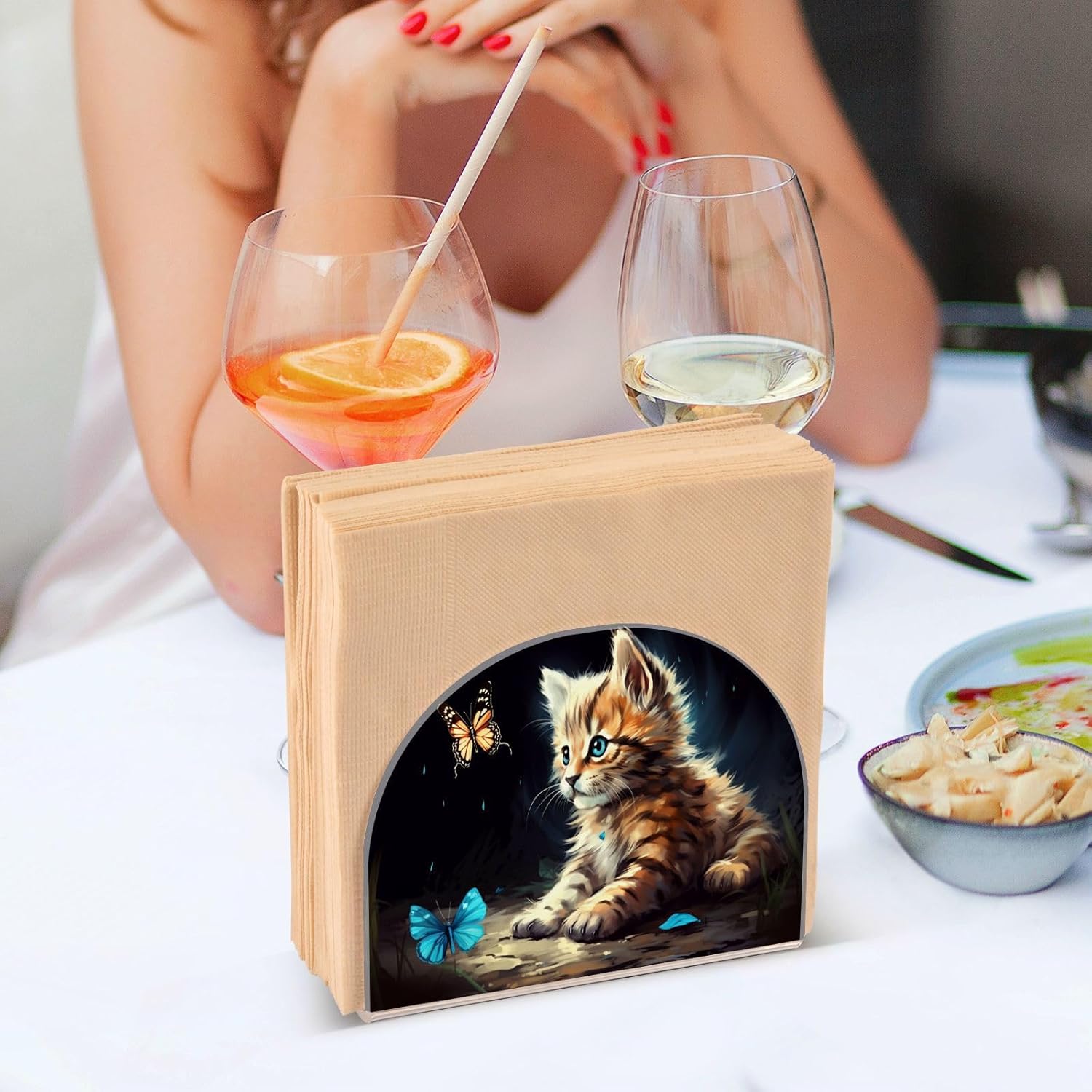Cat Butterfly Napkin Holder for Table, Acrylic Upright Non Slip Tabletop Freestanding Tissue Paper Dispenser for Kitchen Restaurant Home Hotel Decor