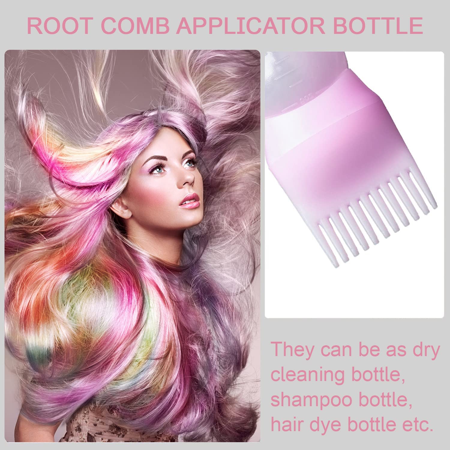 2 botellas aplicadoras de peine de raíz, aplicador de aceite para el cabello de 6 onzas para teñir el cabello (rosa y morado)