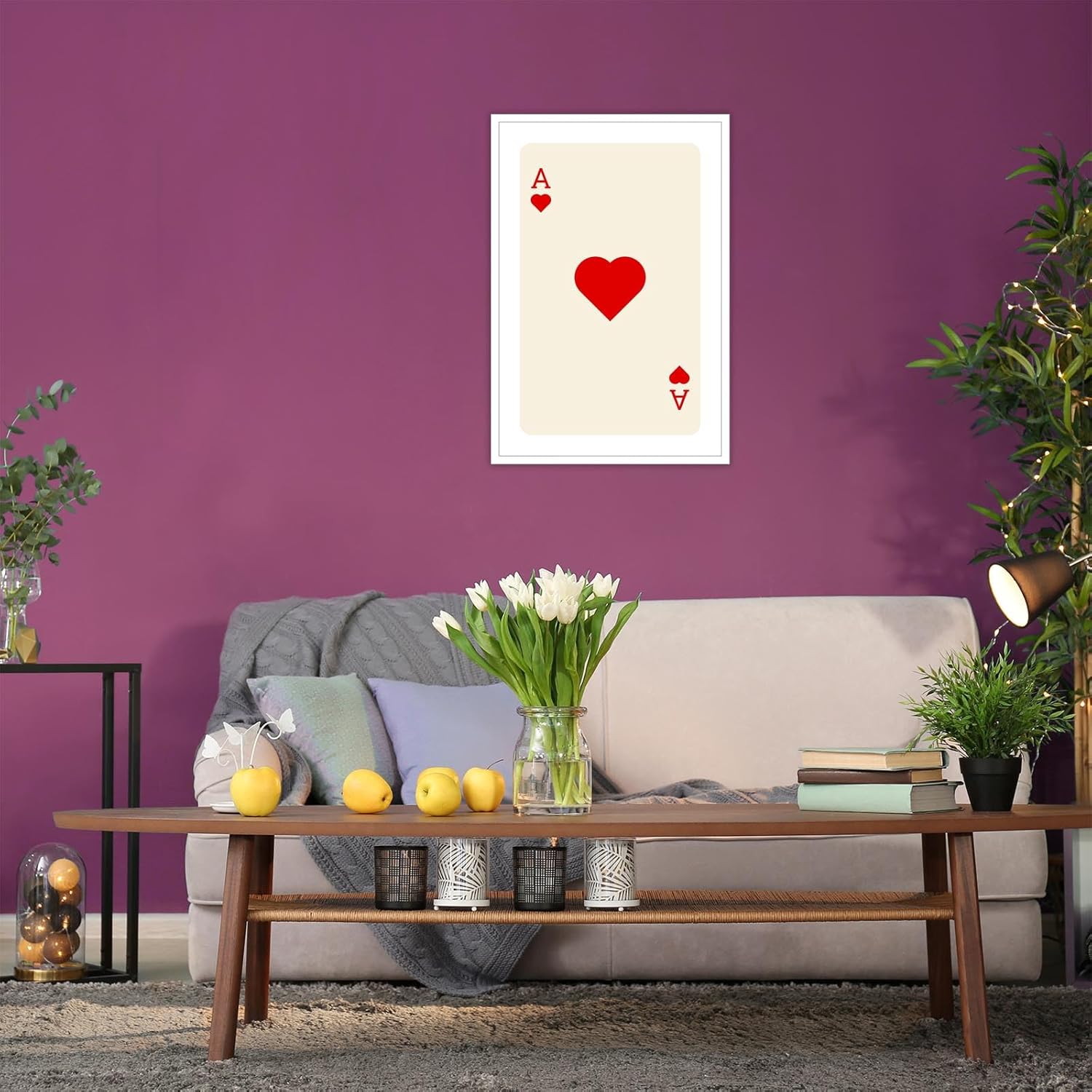 Dcvjiy Póster rojo de Ace Of Hearts de moda retro de cartas de juego en lienzo, arte de pared, impresiones estéticas bonitas, pintura moderna y