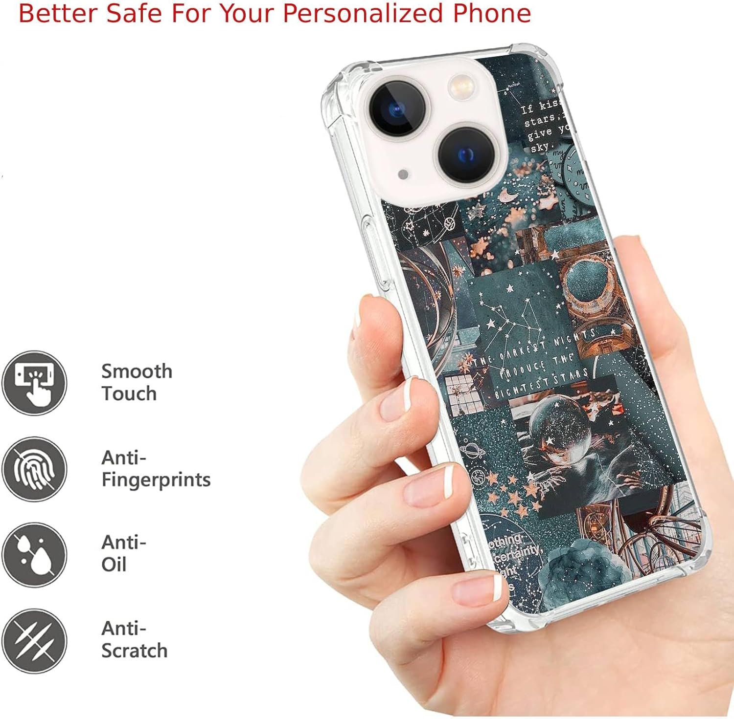 Funda estética de collage verde compatible con iPhone 13, diseño estético de collage de galaxia, funda para adolescentes, mujeres, niños, funda