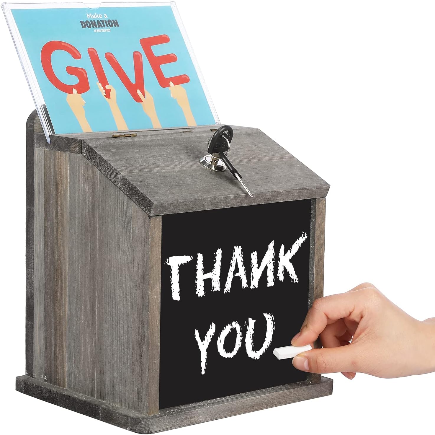 MyGift Weathered Gray – Caja de sugerencias de candado de madera maciza, punta de restaurante, colección de cajas de donación de recaudación de
