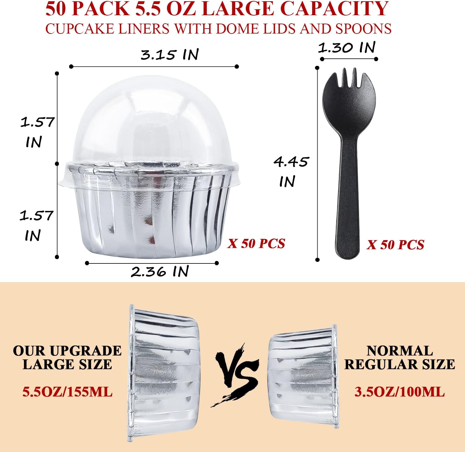 LNYZQUS – Paquete de 50 forros de papel de aluminio para cupcakes con tapas de cúpula, tazas grandes para magdalenas de 5.5 onzas, moldes