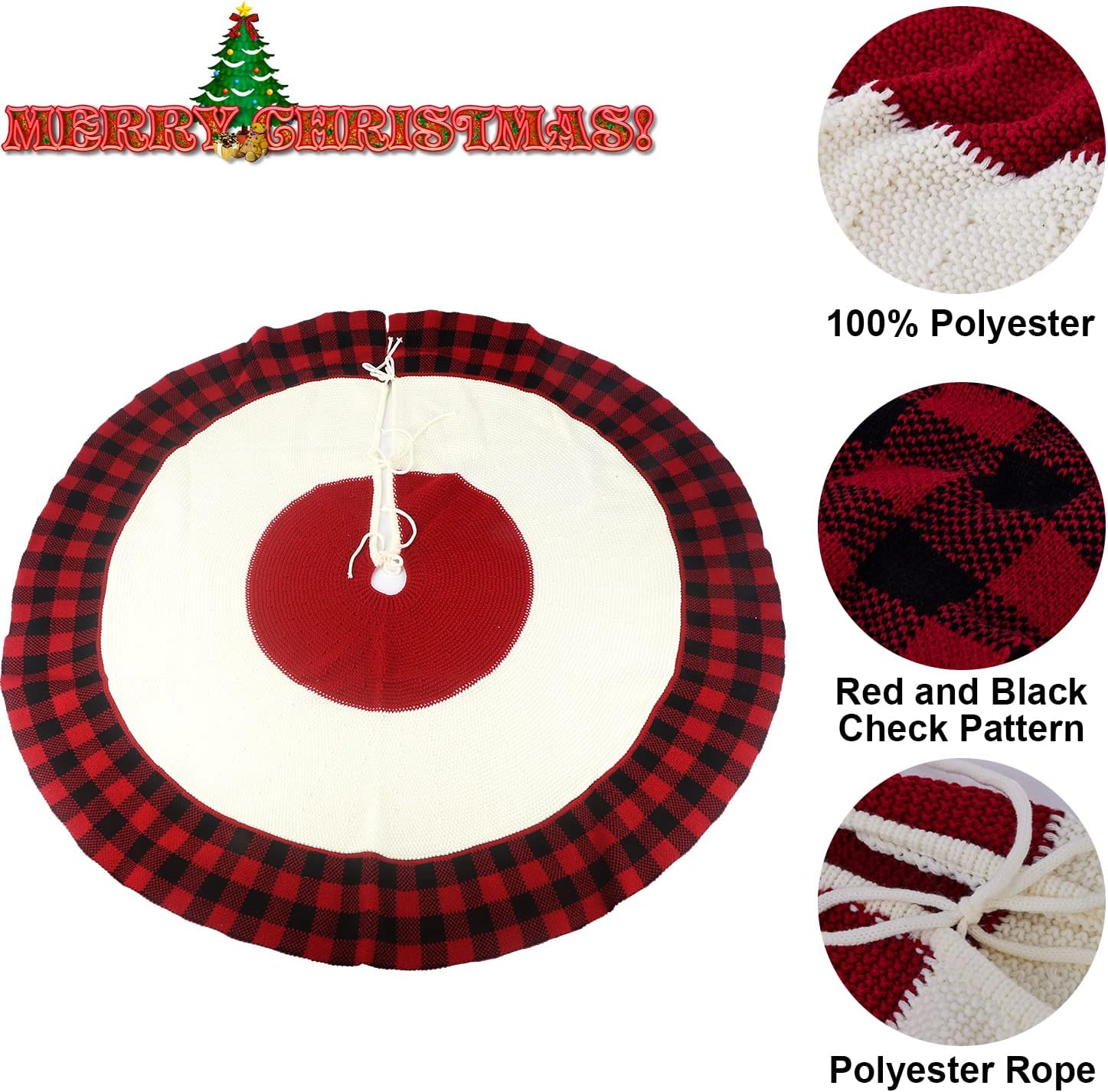 Falda de árbol de Navidad, 47 pulgadas, falda de árbol rojo de punto con cordones para decoraciones rústicas de Navidad, cuadros