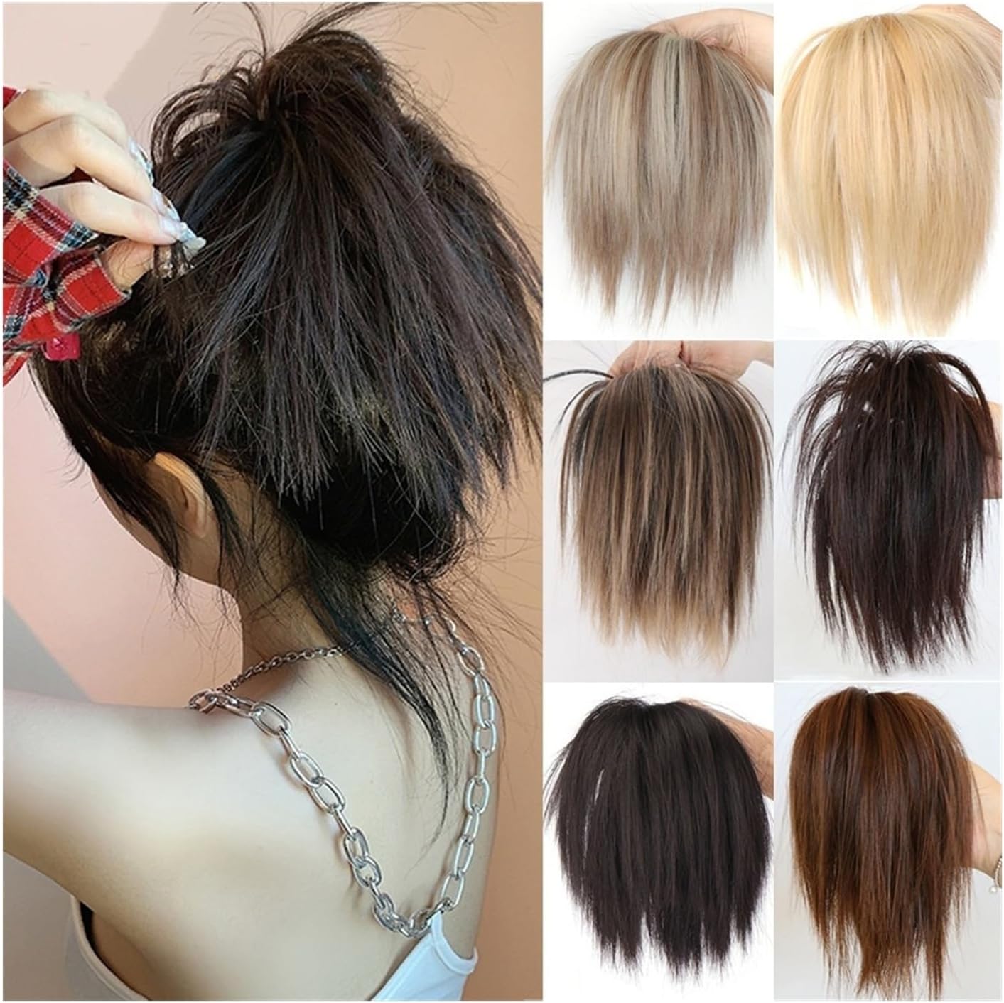 Extensiones de cabello sintético para mujer, con banda elástica para moño, esponjoso, liso, con banda elástica, moño para mujer, color negro natural