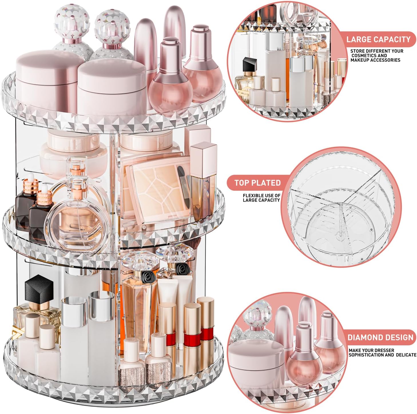 Organizador de maquillaje giratorio de 360 grados con 3 capas ajustables, organizadores de cuidado de la piel para perfumes cosméticos,