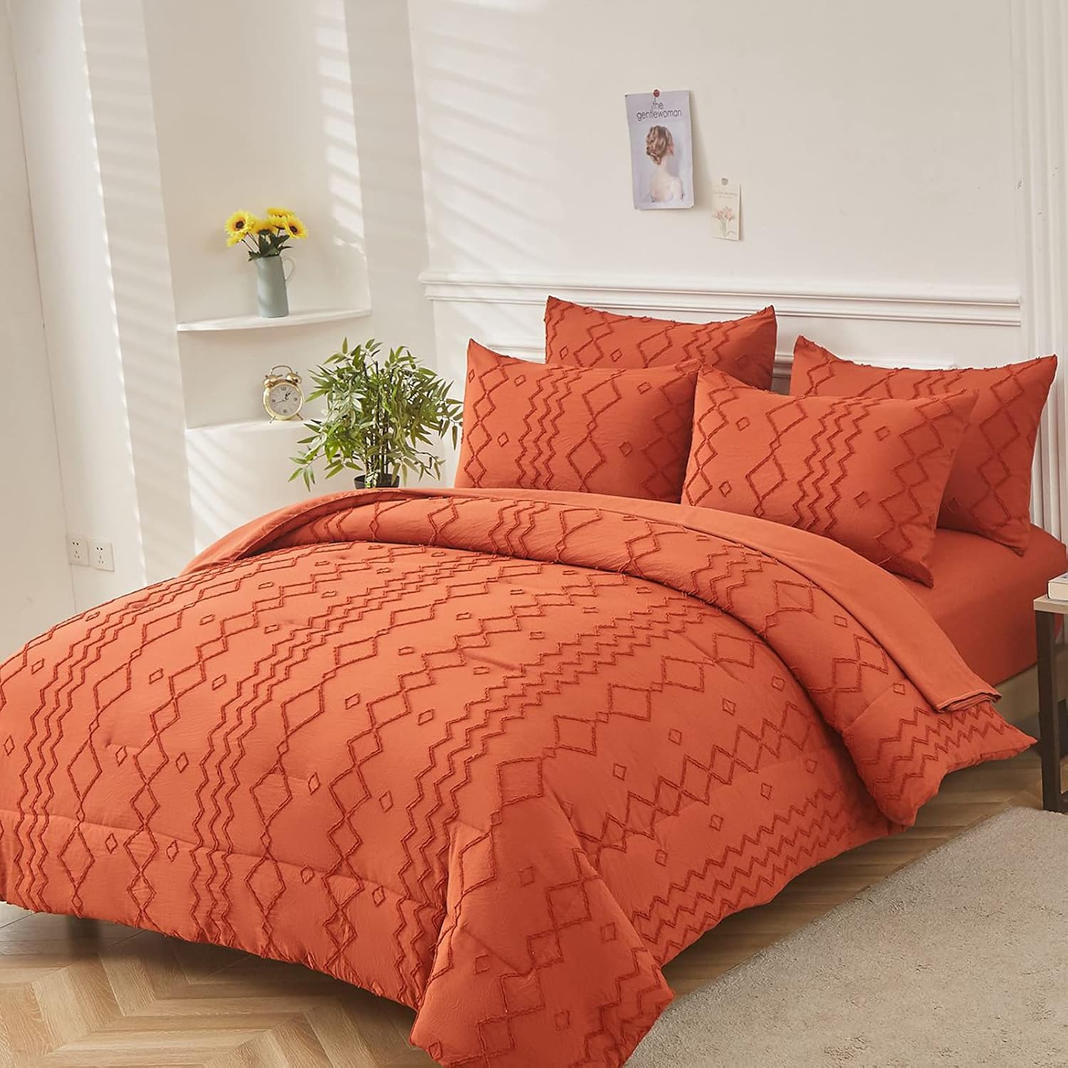 WONGS BEDDING Juego de edredón color naranja quemado, tamaño Queen, 7 piezas de cama copetuda terracota en una bolsa, edredón bohemio chic