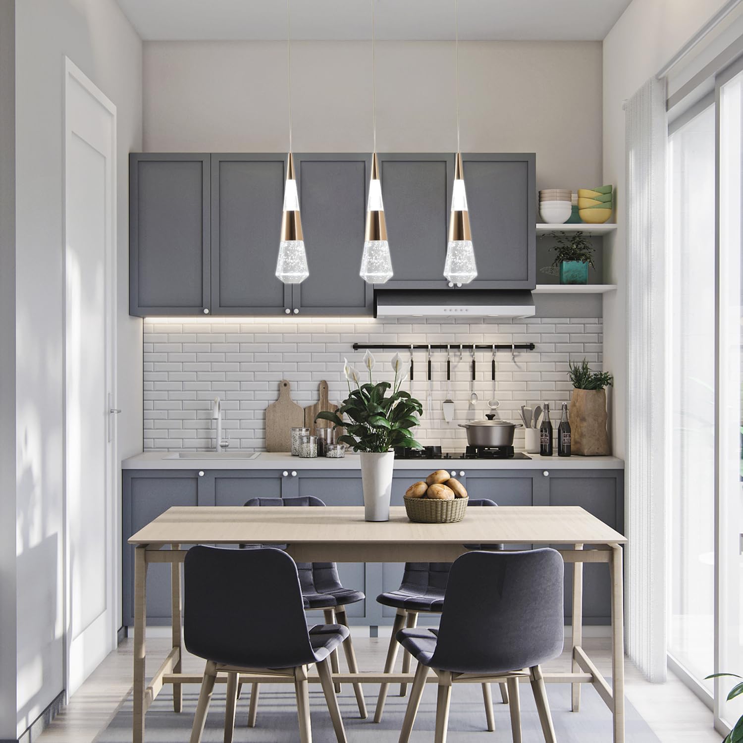 Luces colgantes doradas para isla de cocina, paquete de 3 luces colgantes para isla de cocina, moderna lámpara colgante LED dorada para comedor