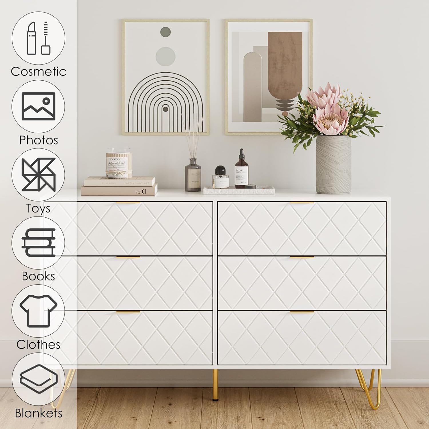 Cómoda de 6 cajones, moderna cajonera, cómoda de almacenamiento ancha con patas de metal, cómoda para dormitorio, sala de estar, armario, entrada,