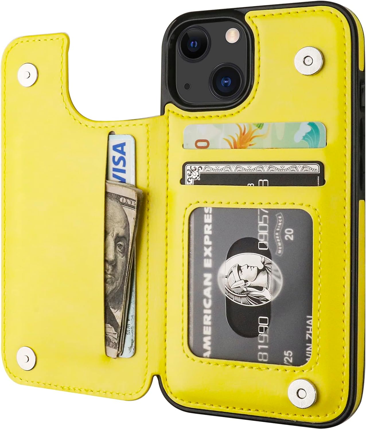 Onetop Funda tipo cartera compatible con iPhone 13 con soporte para tarjetas, funda de piel sintética con ranuras para tarjetas, doble cierre