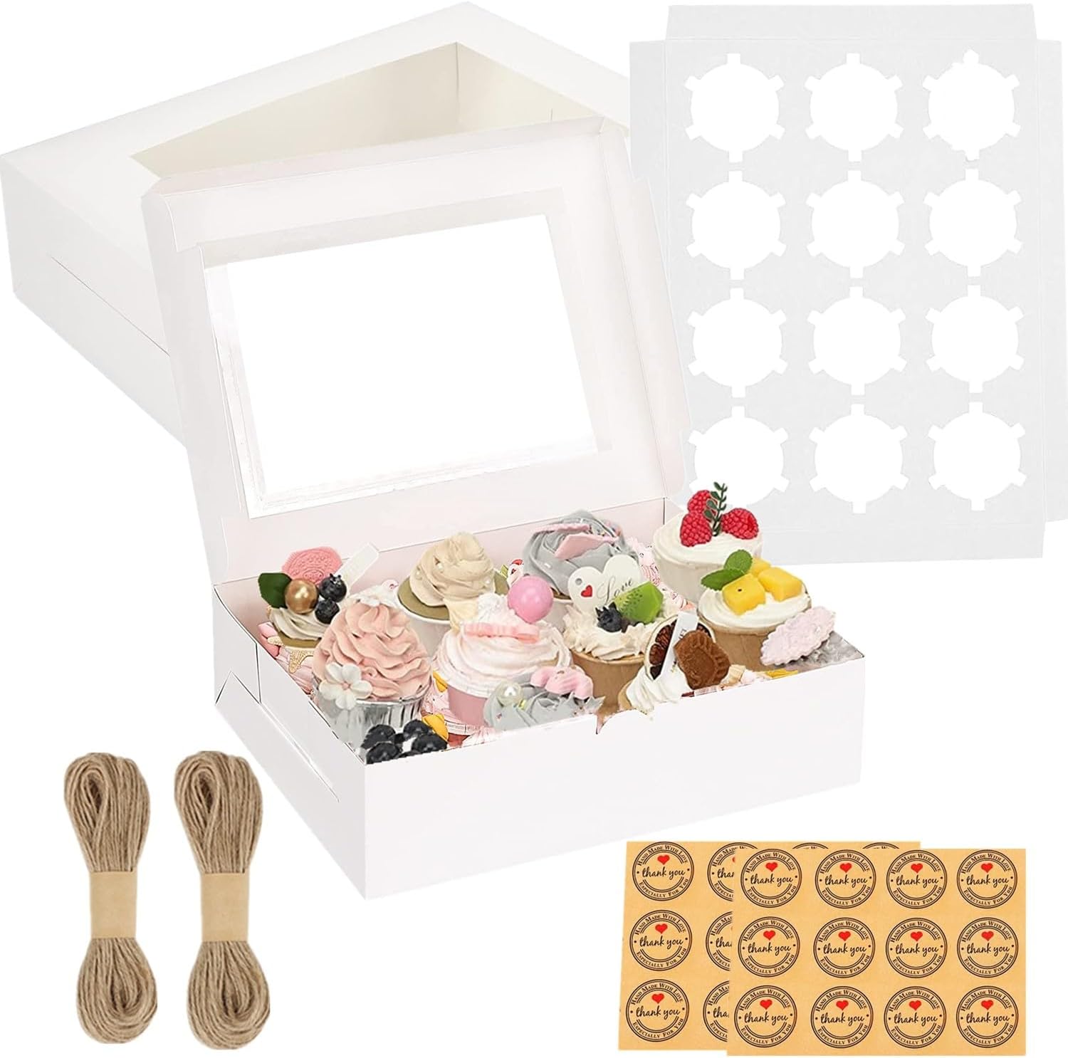 GUIFIER 15 cajas blancas para cupcakes, 12 unidades con ventana e insertos, portador de cupcakes de cartón, caja de papel para panadería, cajas de