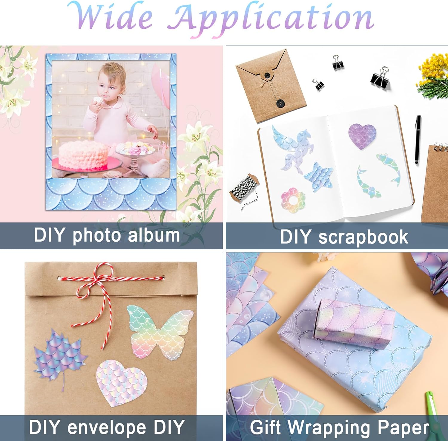 12 diseños de papel con patrón de escamas de sirena, 24 hojas, álbum de recortes de sirena de doble cara, papel de manualidades plegado plano para