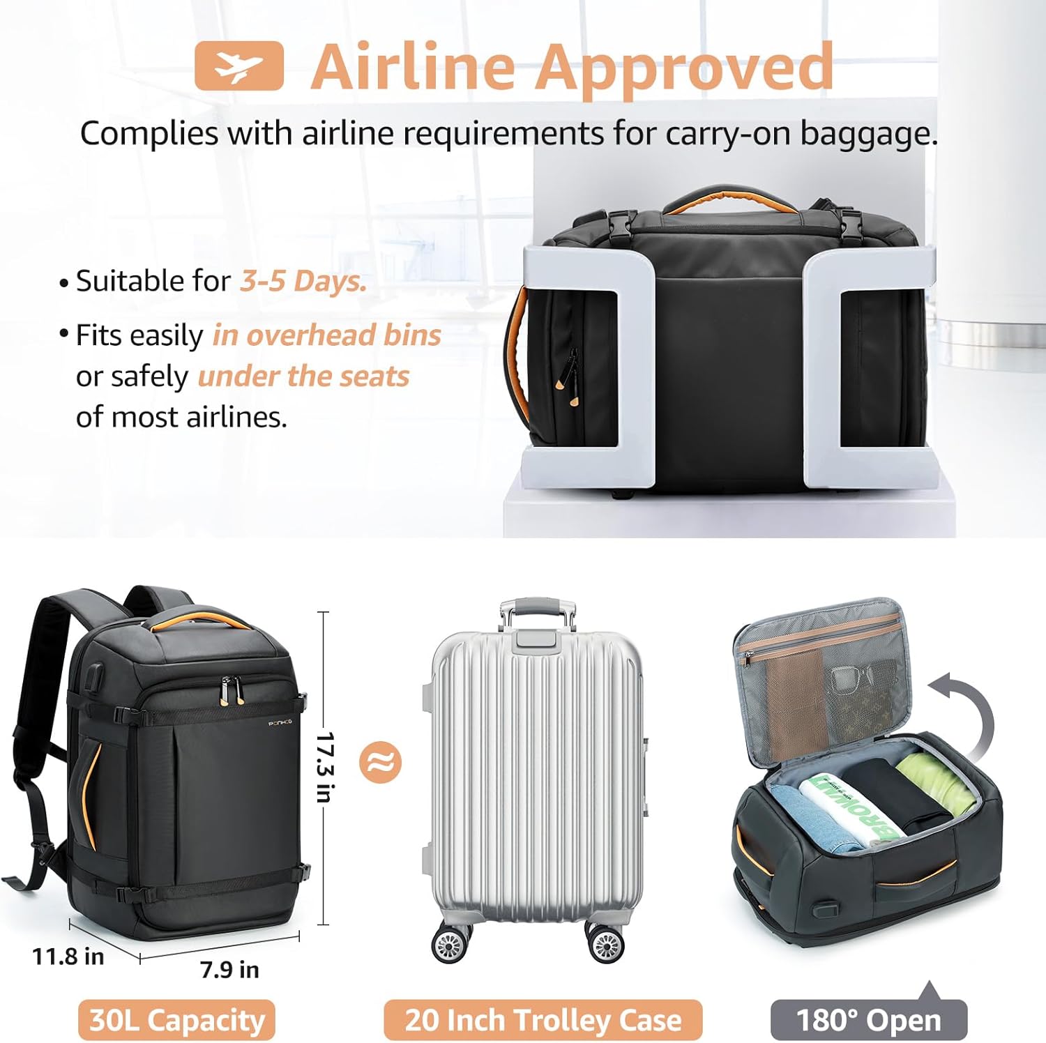 Ponhog Mochila de viaje para computadora portátil para vuelo, aprobada para hombre, con puerto de carga USB, mochilas de negocios de 15.6 pulgadas