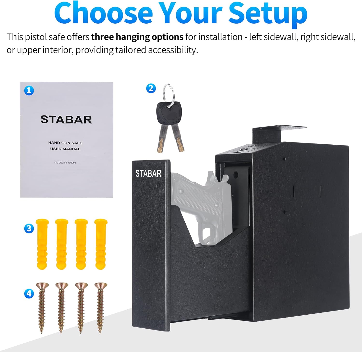 STABAR Caja fuerte para armas – Caja fuerte biométrica para pistola con huella digital, código PIN y entrada de llave, segura para pistola montada