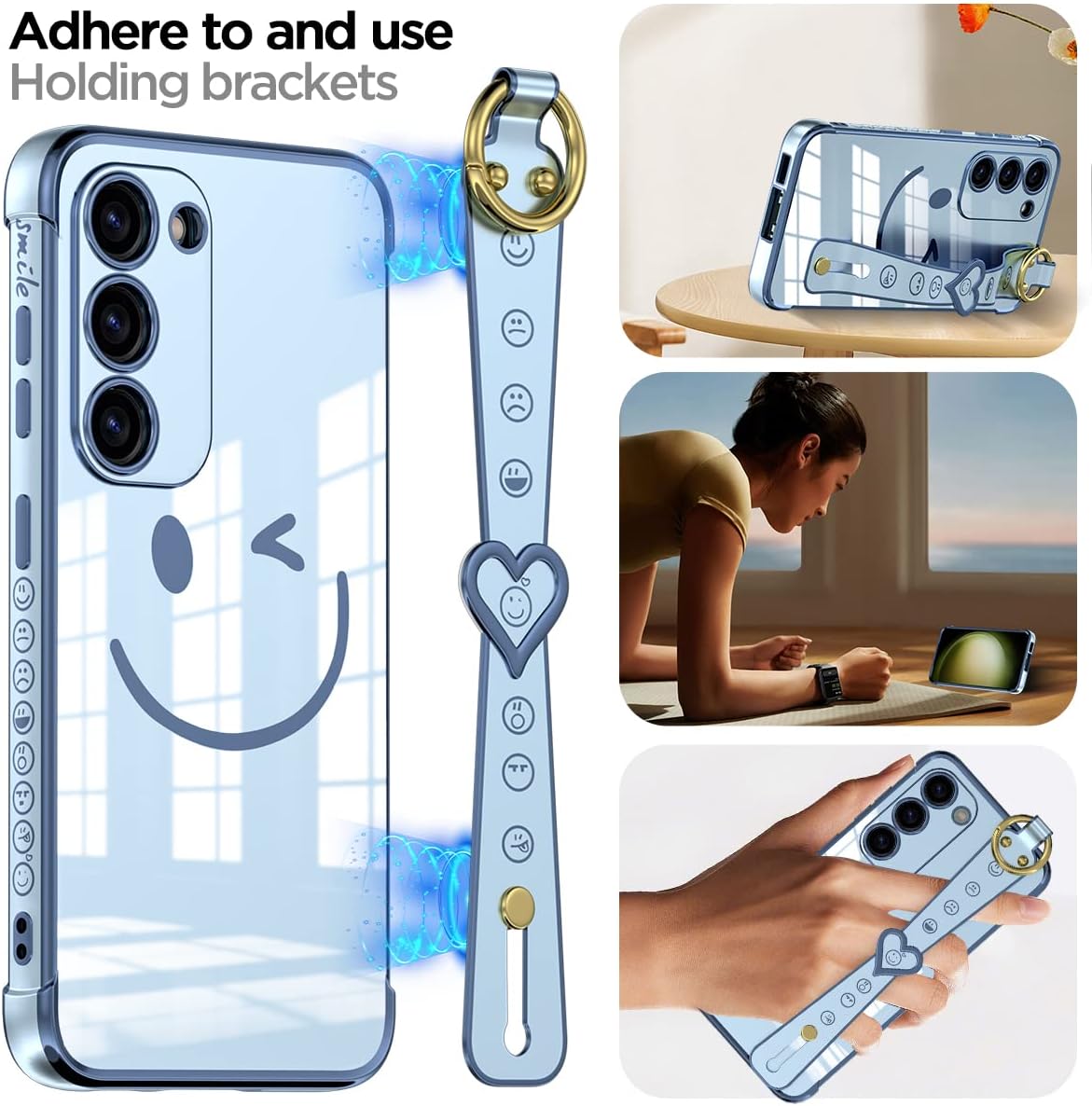 AICase Funda para Samsung Galaxy S23 con protección completa de lente de cámara + correa, cara sonriente chapada con purpurina brillante protección