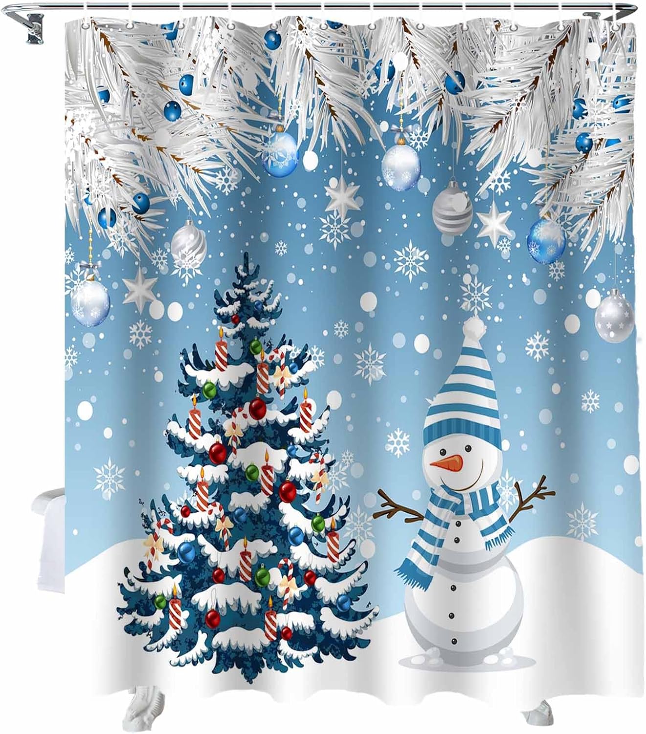 Meet 1998 Juego de cortinas de ducha de Navidad con 12 ganchos, cortinas de ducha impermeables de muñeco de nieve azul, cortina de ducha de copo de