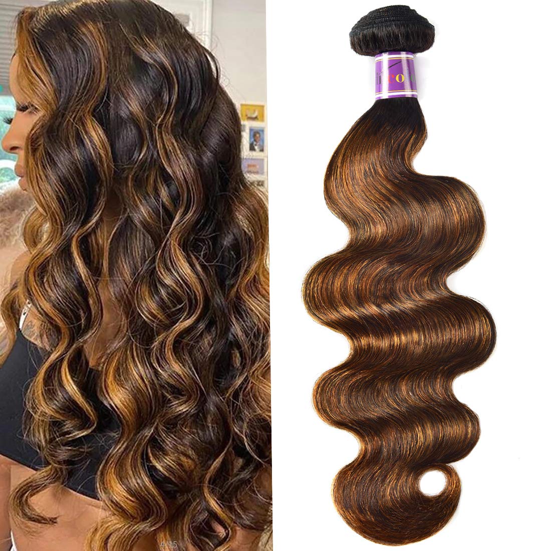 UNice Cabello humano ondulado marrón degradado 1 paquete de 8 pulgadas, cabello Remy brasileño raíz oscura rubio, extensiones de cabello humano