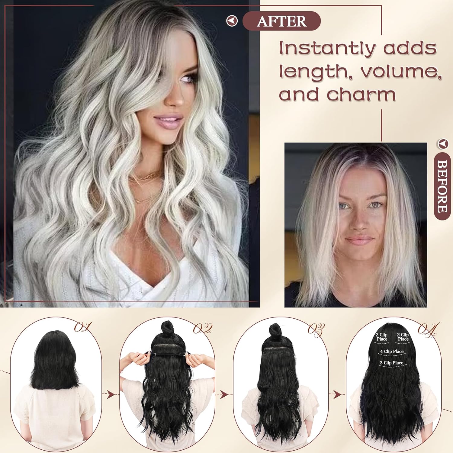 SOFEIYAN Extensiones de cabello con clip, 4 piezas, extensiones de cabello sintético largo ondulado marrón oscuro, extensiones de cabello sintético