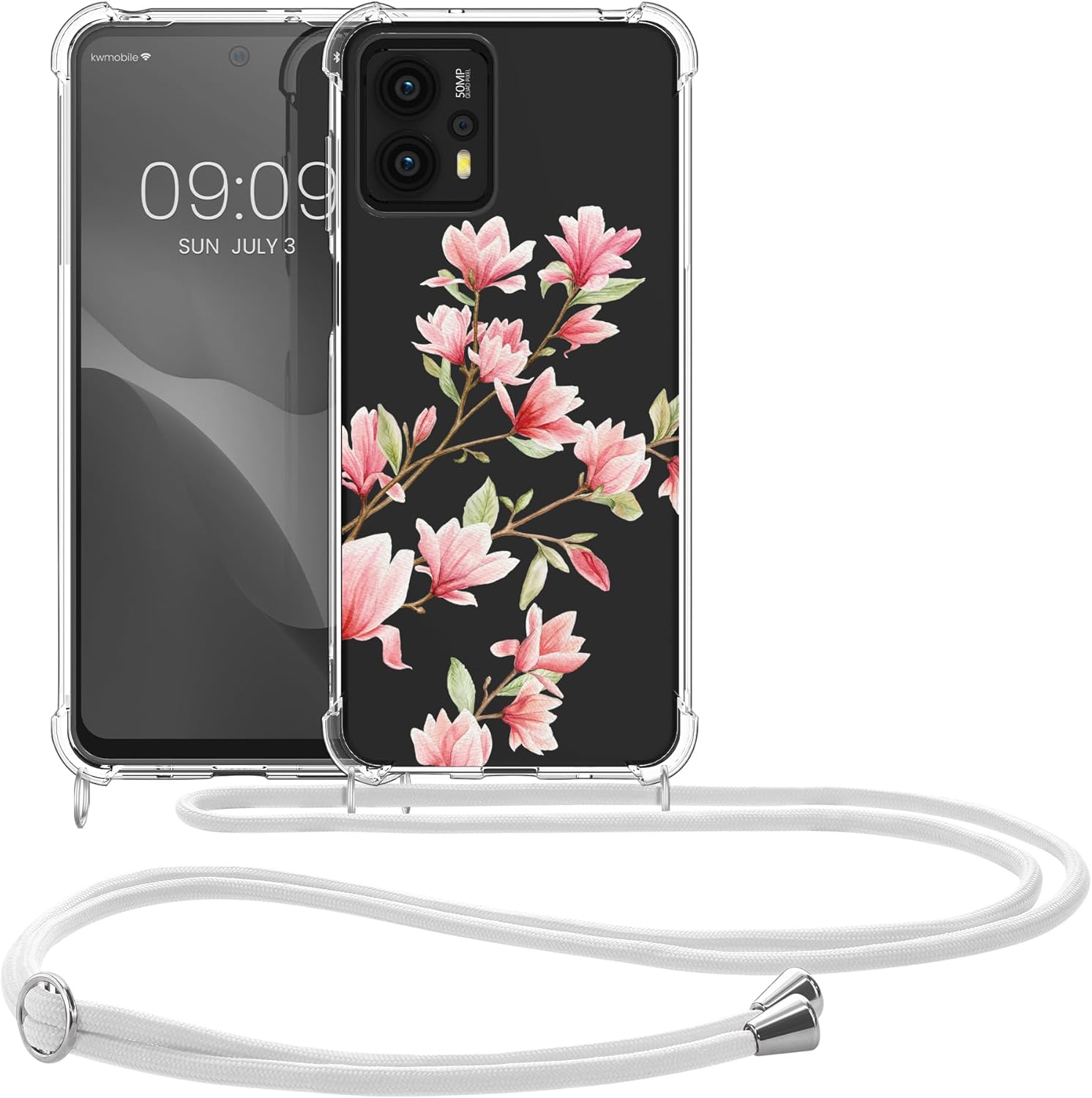 kwmobile Funda cruzada compatible con Motorola Moto G23 y Moto G13 – Magnolias RosaBlancoTransparente