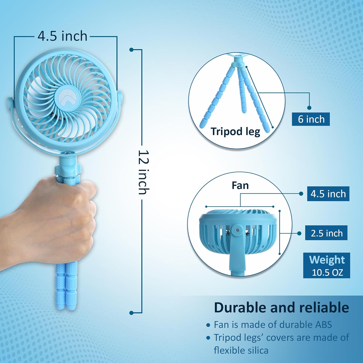 AYL Ventilador portátil que funciona con pilas, ventilador pequeño para cochecito con luces, recargable por USB, rotación de 360, trípode flexible