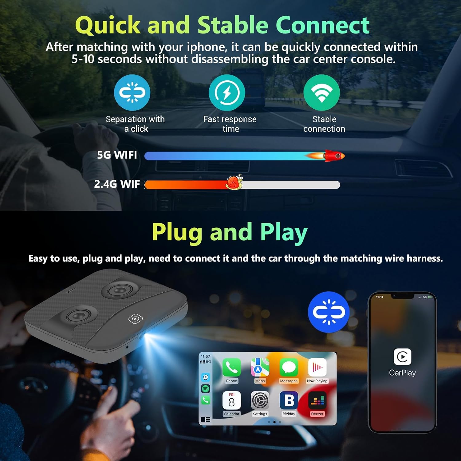 Podofo Adaptador inalámbrico Apple Carplay 2024 para fábrica con cable CarPlay iPhone Bluetooth Adaptador de coche con cable a inalámbrico Apple Car