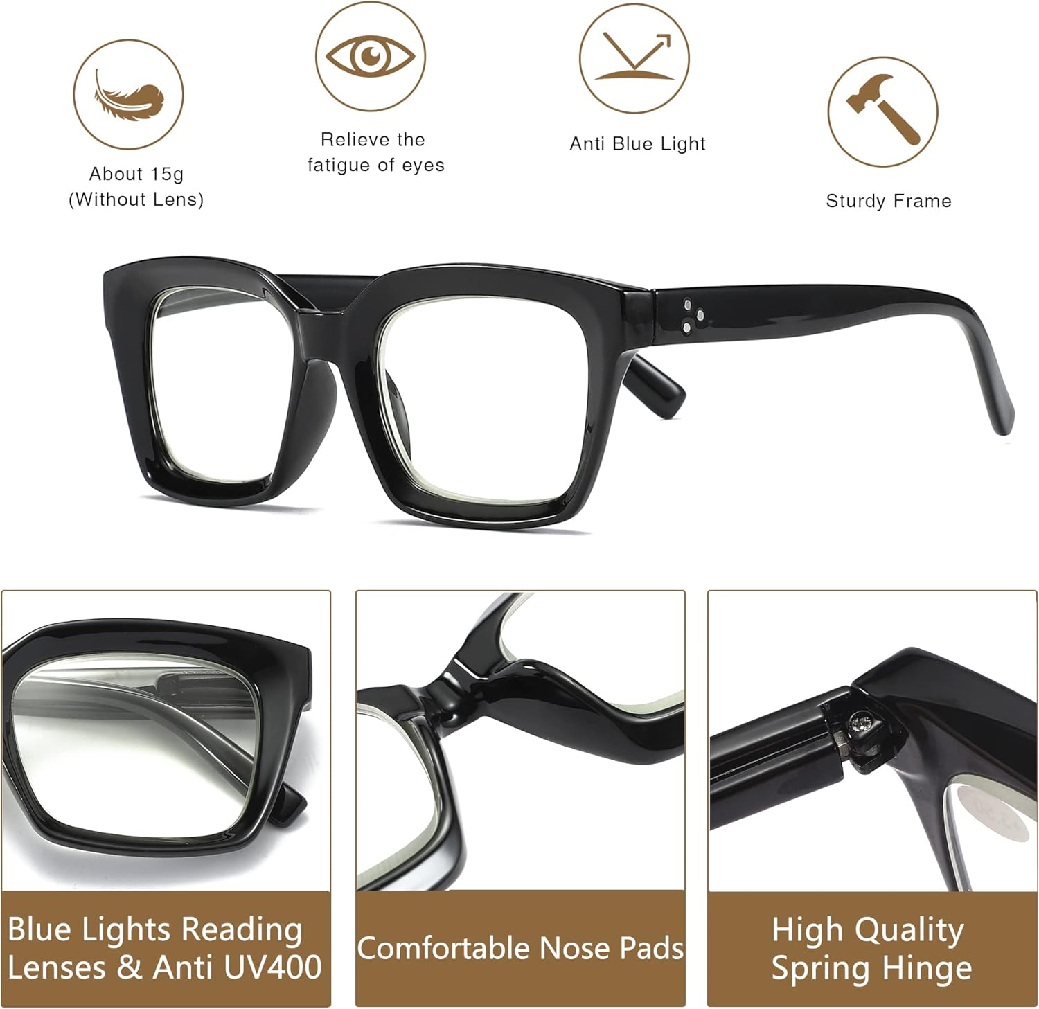 Gafas de lectura cuadradas estilo Oprah con bisagra de resorte, bloqueo de luz azul, para hombres y mujeres