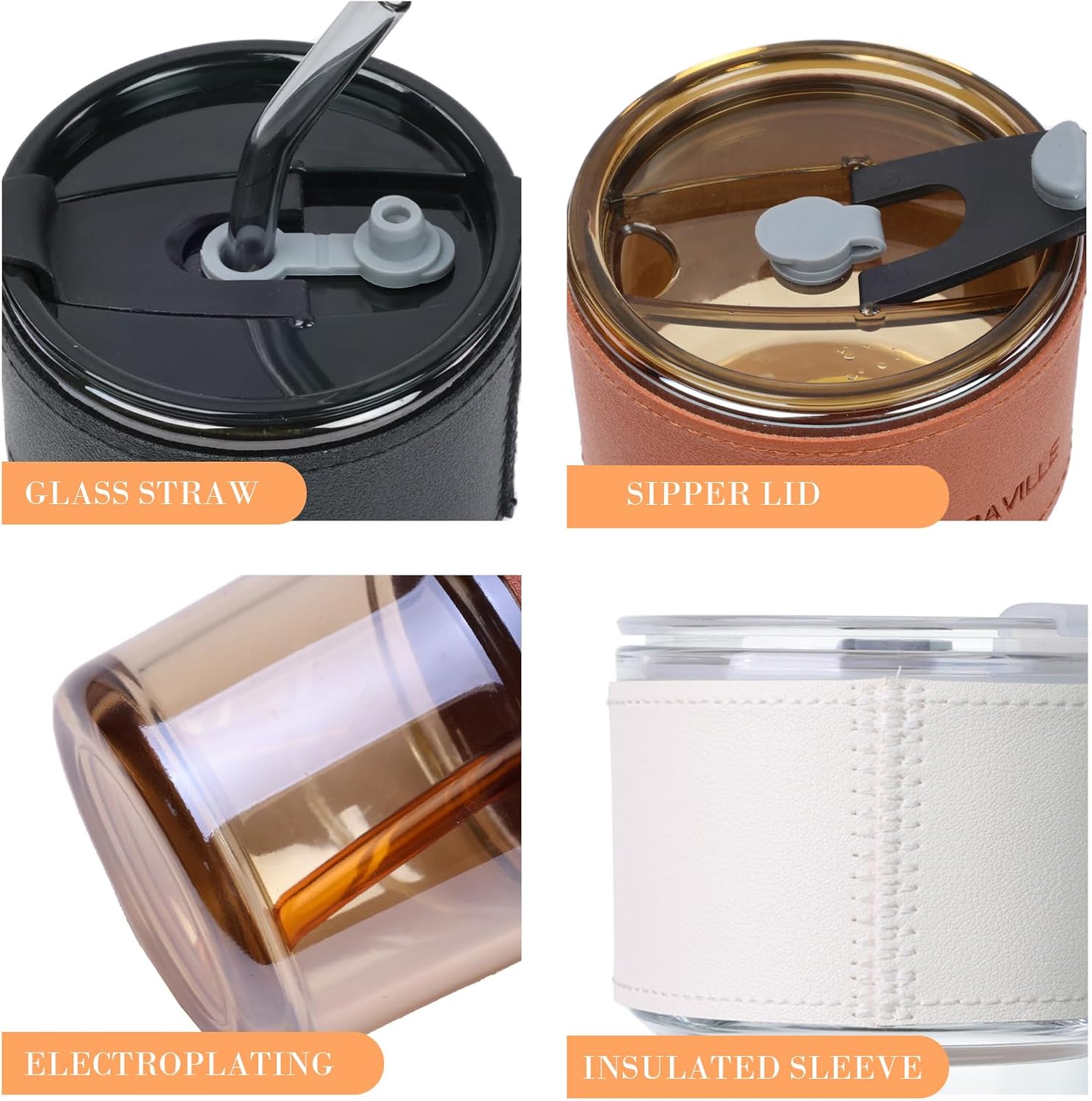 Puraville Paquete de 2 tazas de café helado de 14 oz14.2 fl oz con tapas y pajitas, vasos de vidrio de pared gruesa para café con mangas aisladas,