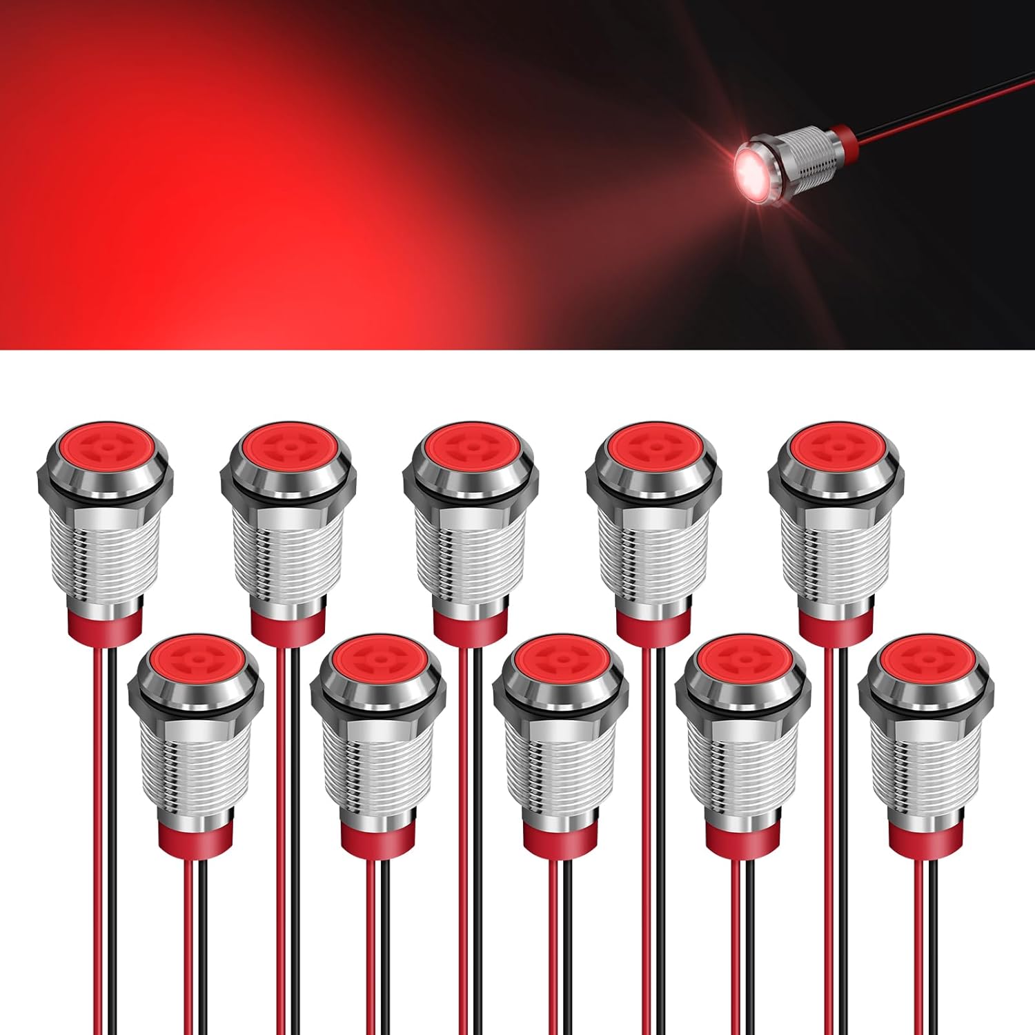10 luces indicadoras LED de metal impermeable de 0.394 pulgadas, ACDC 12-24V 25 pulgadas, orificio de montaje, luz de señal piloto precableada para
