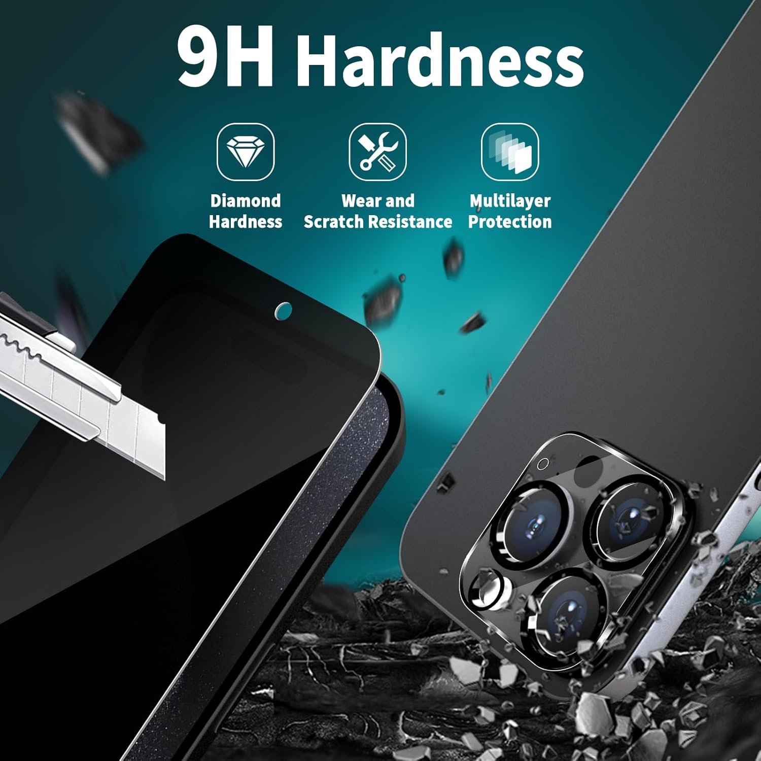 Corefyco Paquete de 2+2 para iPhone 15 Pro Max Protector de pantalla de privacidad y protector de lente de cámara, vidrio templado privado antiespía