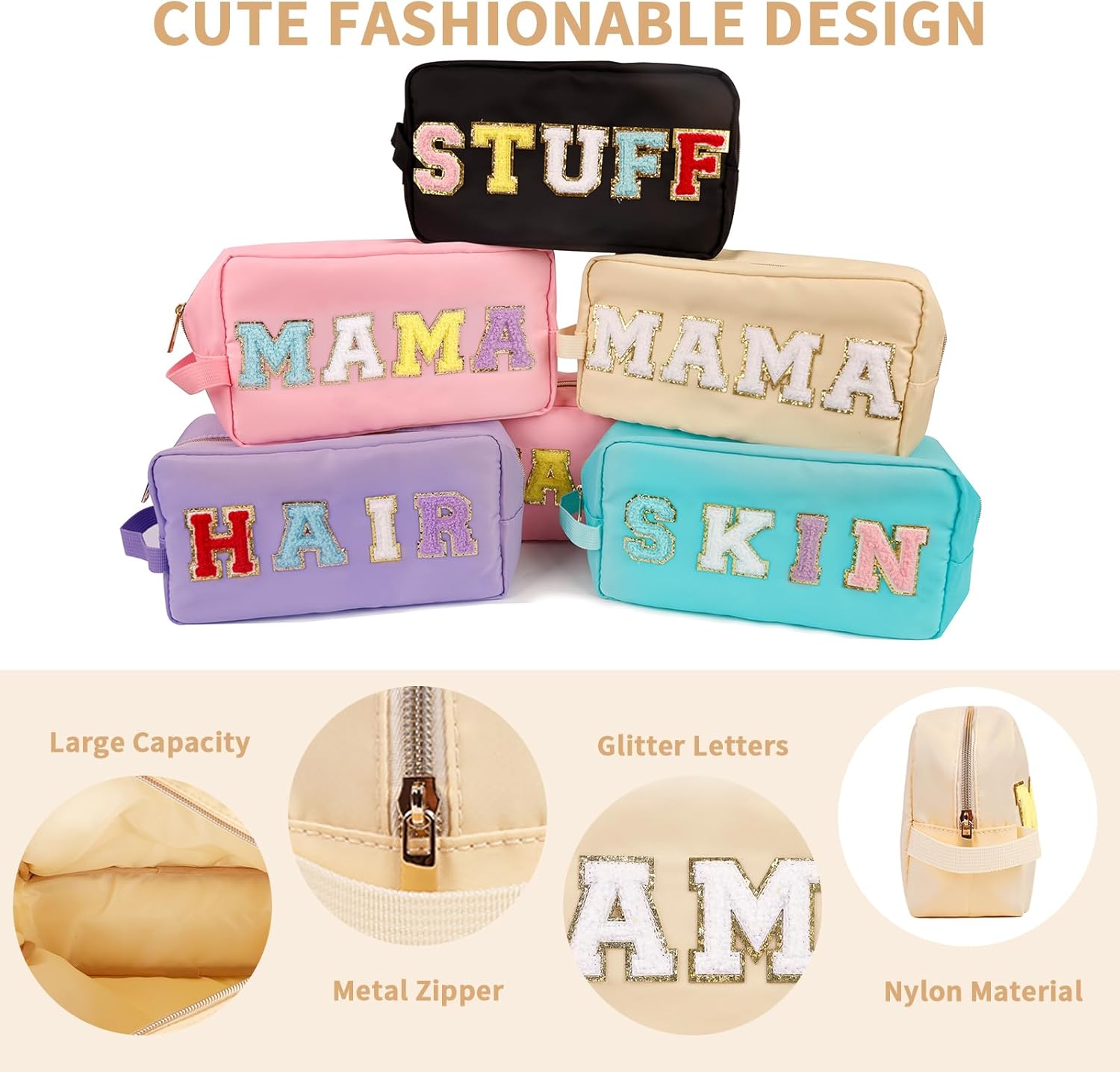 Iqimott Bolsa de maquillaje de parche Preppy, bolsa de maquillaje de letras de chenilla, bolsa de aseo pequeña, Mama-Beige