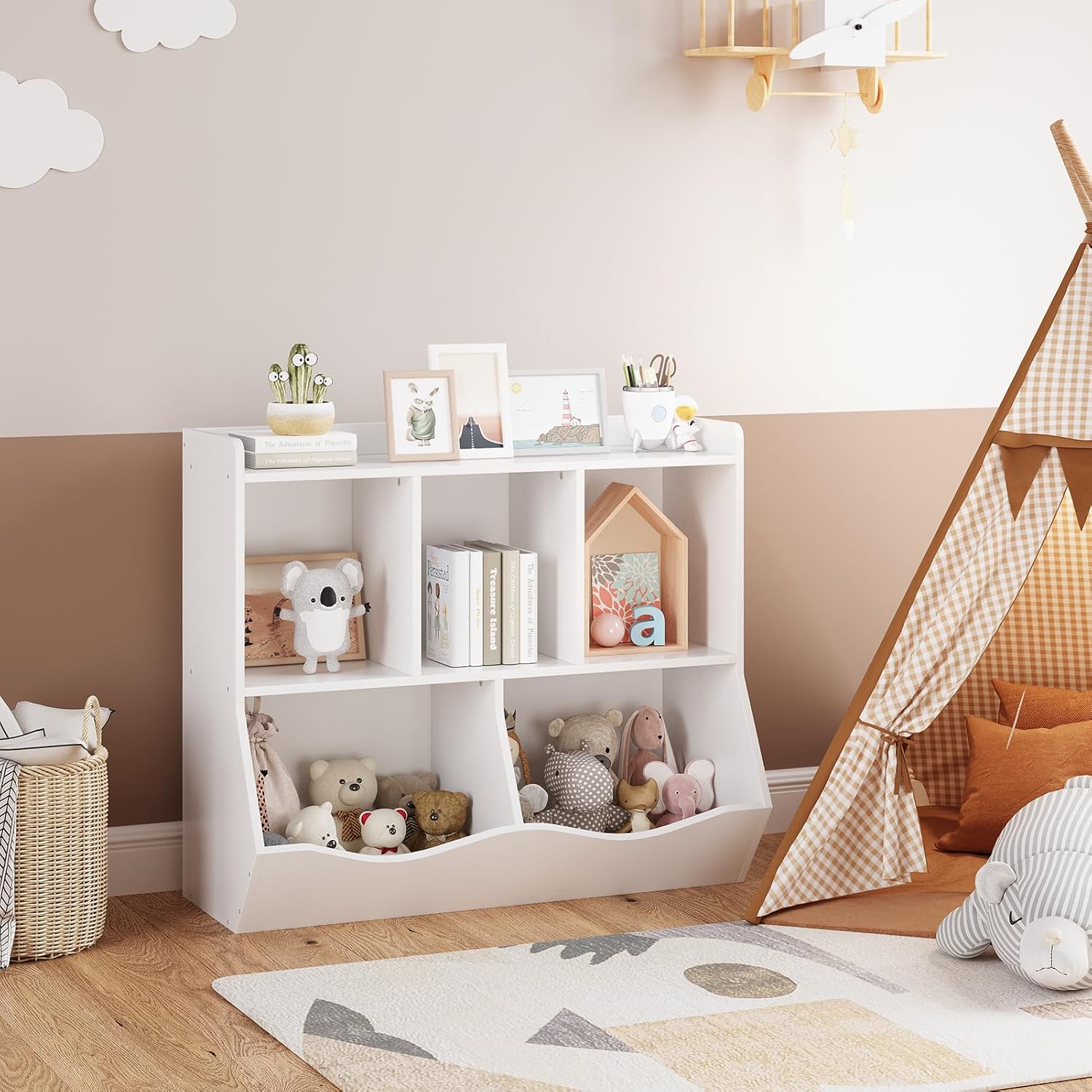 IDEALHOUSE Librero, organizador de almacenamiento de juguetes, cinco espacios de almacenamiento, adecuado para dormitorio, sala de juegos, sala de