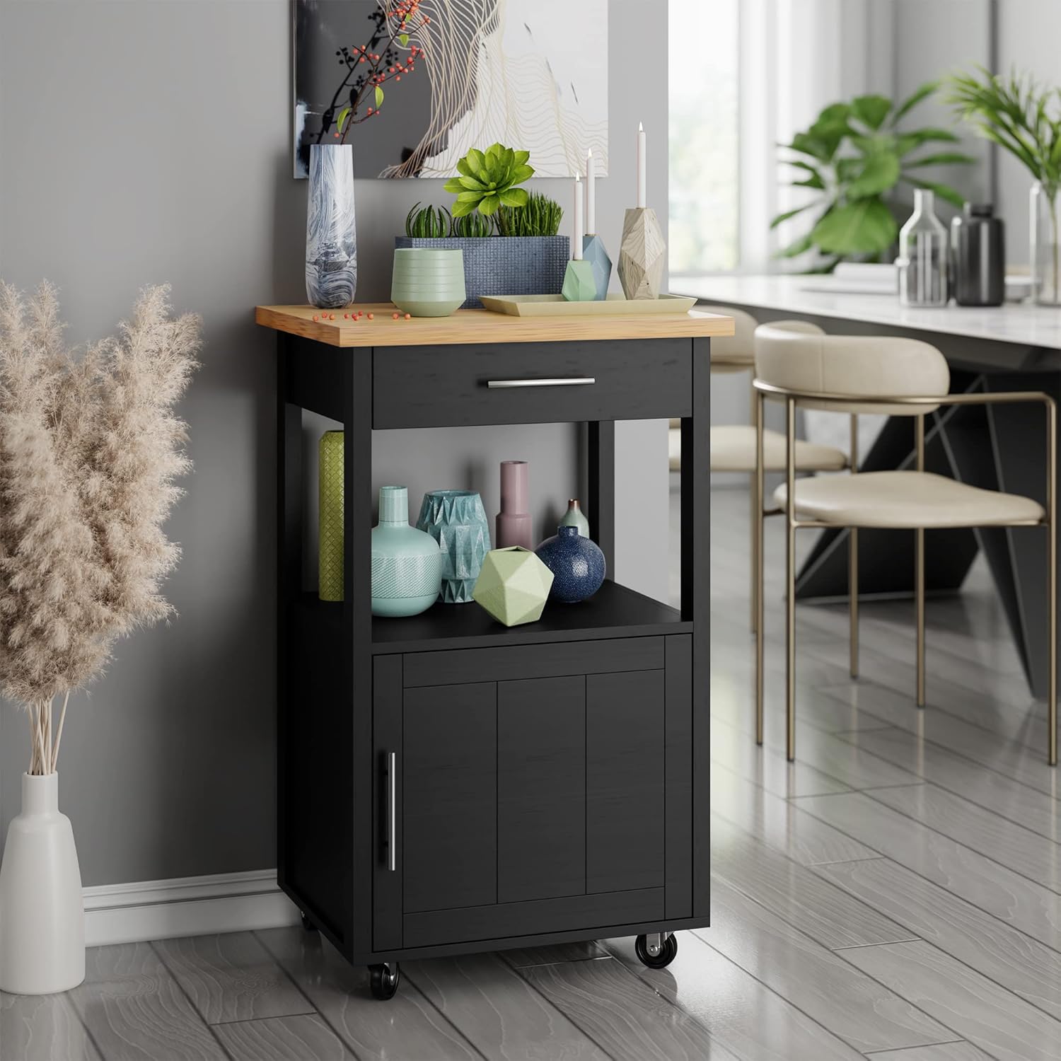 SUNLEI Isla de cocina con ruedas con armario de almacenamiento y cajón, mesa de cocina con ruedas de 21.7 pulgadas de ancho, asa de carrito para