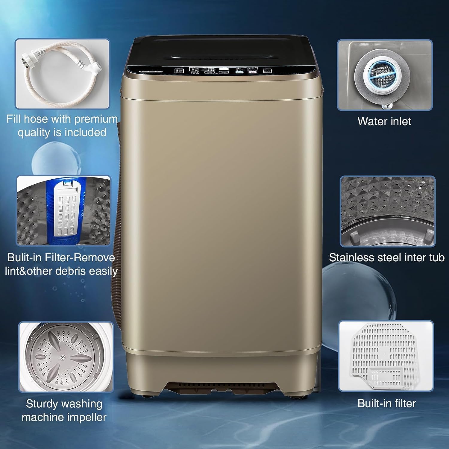Lavadora completamente automática con pantalla LED, 10 programas y 8 niveles de agua seleccionados, 15.6 libras para el hogar, caravana, campamento,