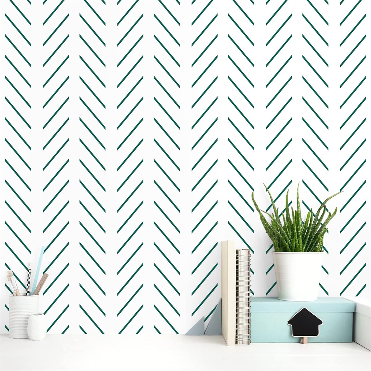 Orainege – Papel de colgadura adhesivo verde y blanco con diseño de espina de pescado, diseño geométrico moderno de rayas verdes, autoadhesivo y