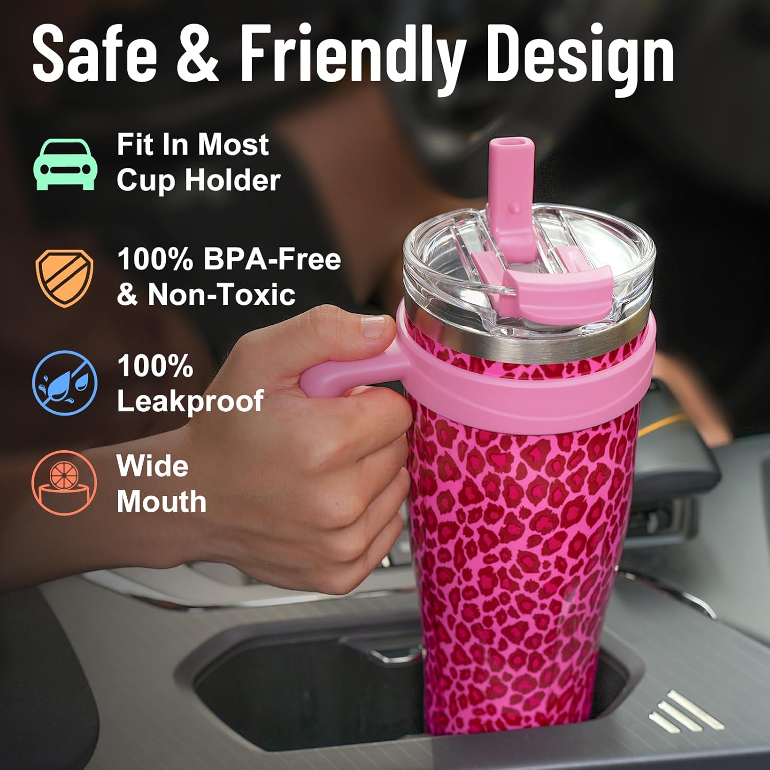 Vaso de 40 onzas con asa y popote abatible, vaso de acero inoxidable aislado con tapa para sorbopopote 2 en 1, taza de viaje a prueba de fugas, cabe