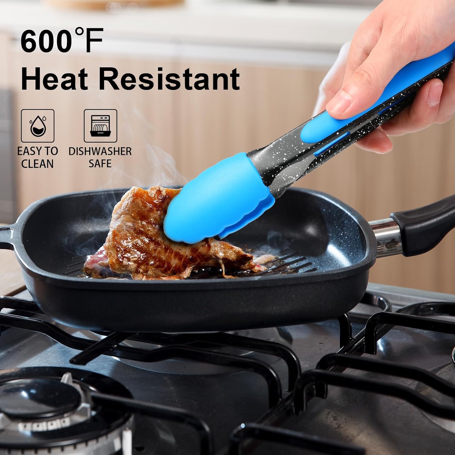 Pinzas de cocina con silicona de 3 pinzas de bloqueo de acero inoxidable, resistentes al calor a 600 F, revestimiento antiadherente, pinzas para