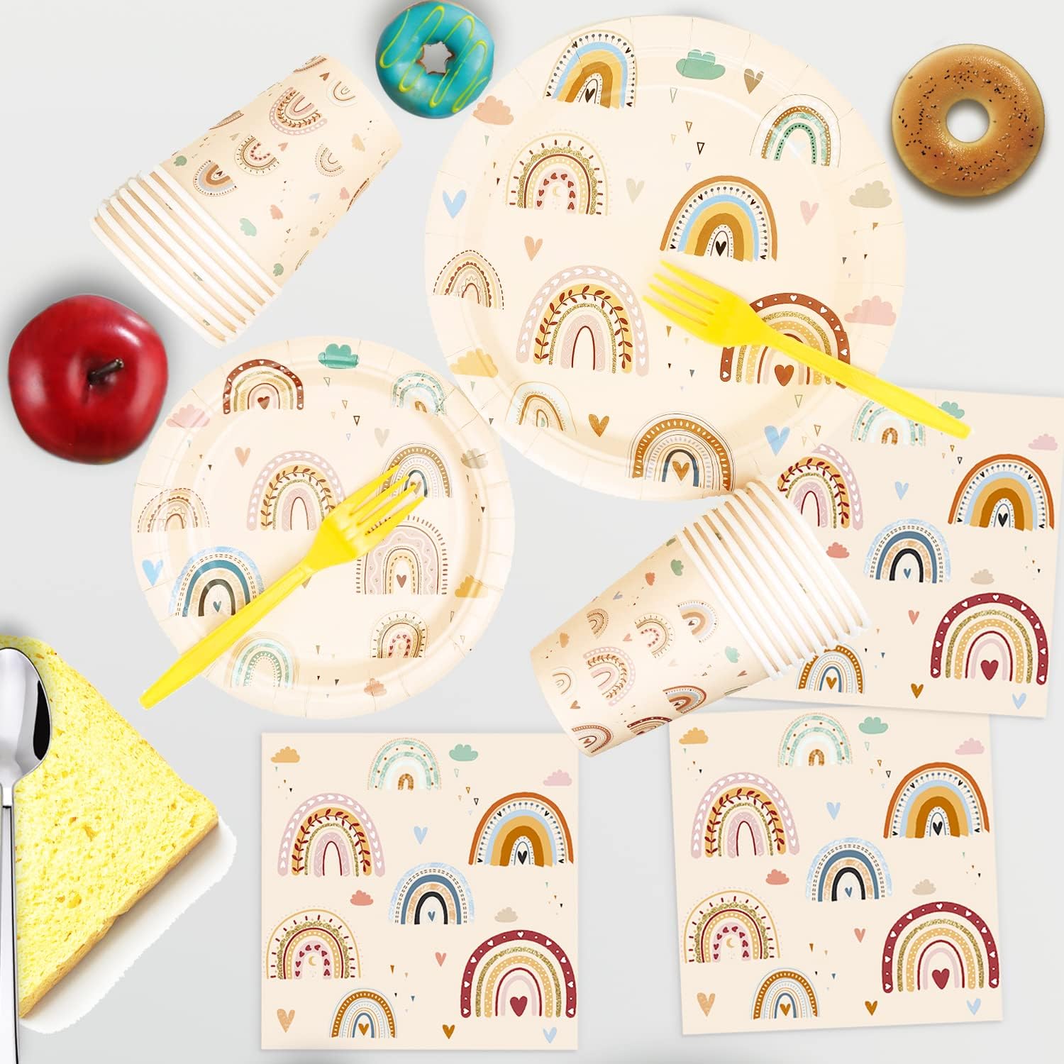 Suministros de fiesta de arco iris bohemio, juego de vajilla bohemia para baby shower, incluye platos de papel, servilletas, tazas, tenedores para