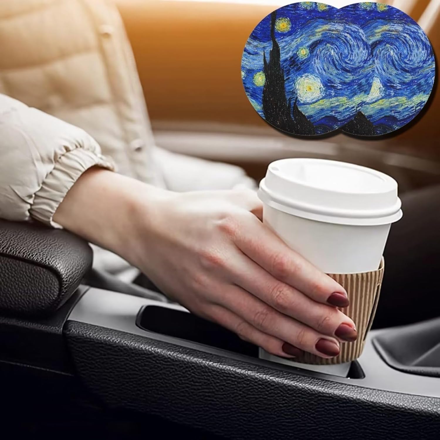 Paquete de 2 posavasos universales para vehículos con Van Gogh Starry Night impermeable, antideslizante, extraíble, portavasos para auto, camioneta,