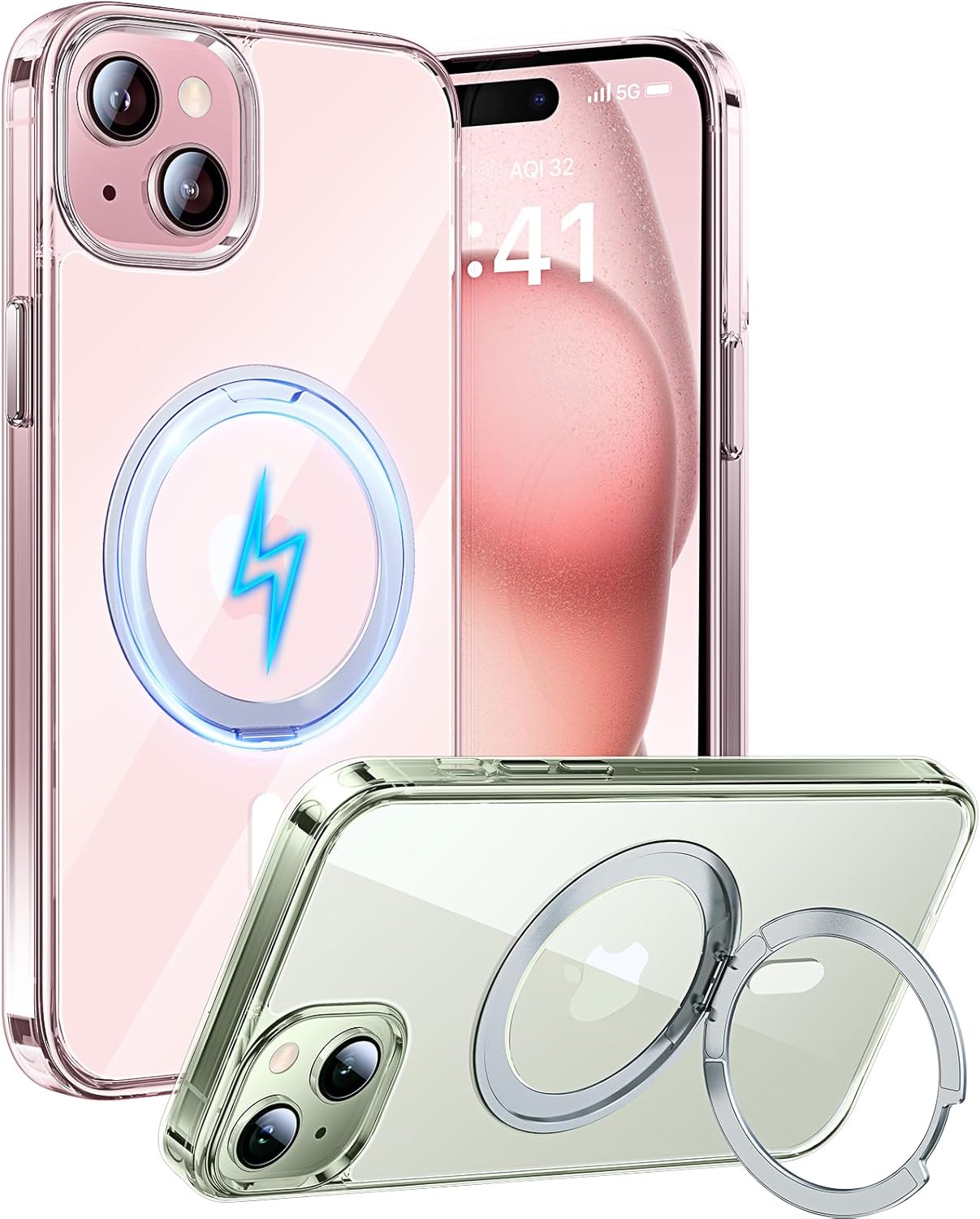 Danmus Funda magnética para iPhone 15 Plus compatible con MagSafe no amarillenta protección militar contra caídas con soporte de anillo de 360 para