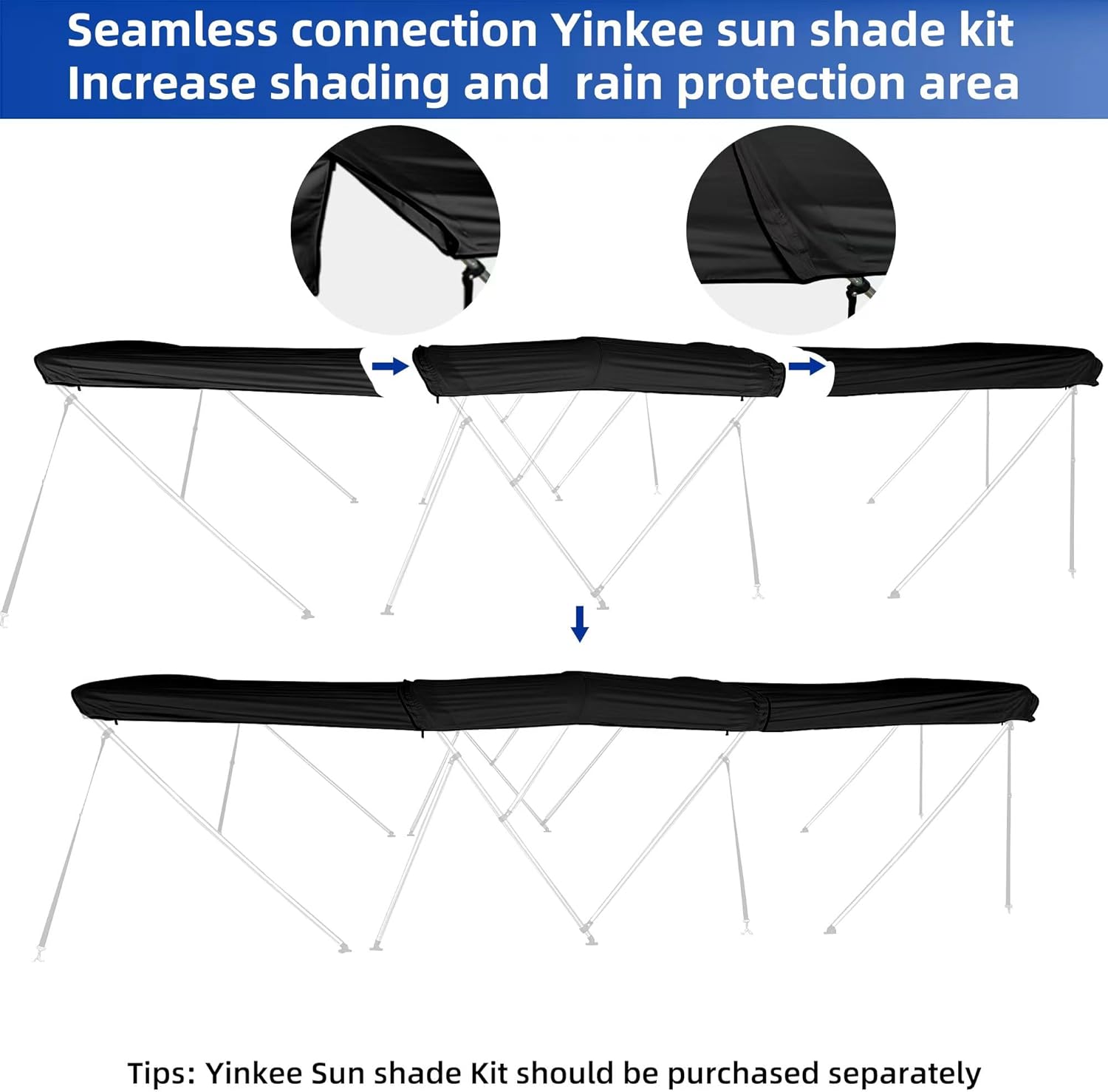Kit universal de parasol Bimini de 2 a 4 lazos en la parte superior y en T para lancha de 54 a 103 pulgadas de ancho, a prueba de rayos UV, lona
