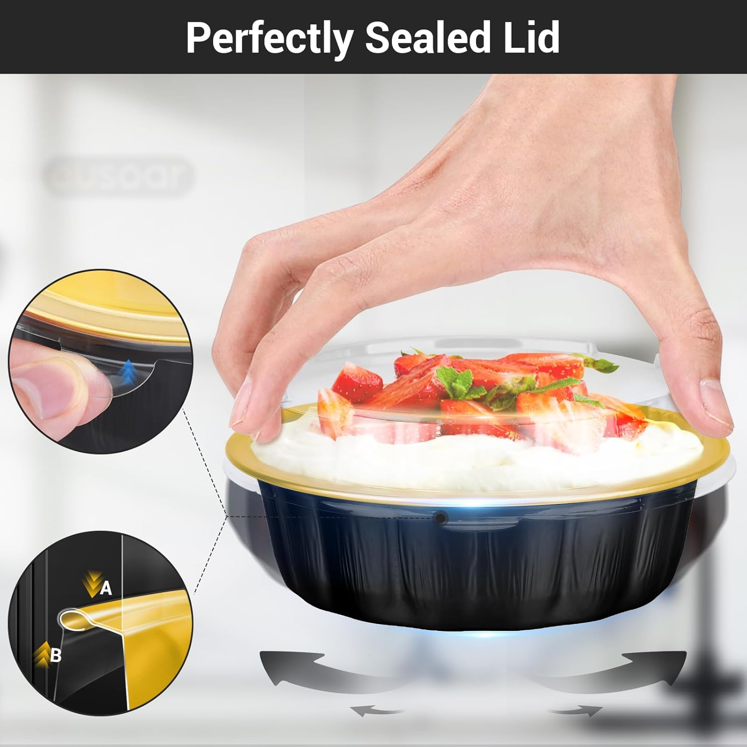 EUSOAR Moldes desechables con tapas, color oro negro, paquete de 50 moldes de papel de aluminio de 14.2 onzas con tapas, moldes desechables para