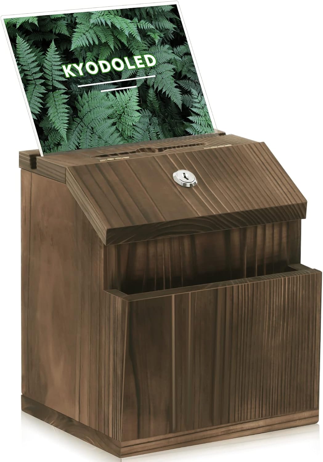 KYODOLED Caja de sugerencias de madera con candado montado en la pared, caja rústica de donación de llaves con soporte acrílico transparente y 30