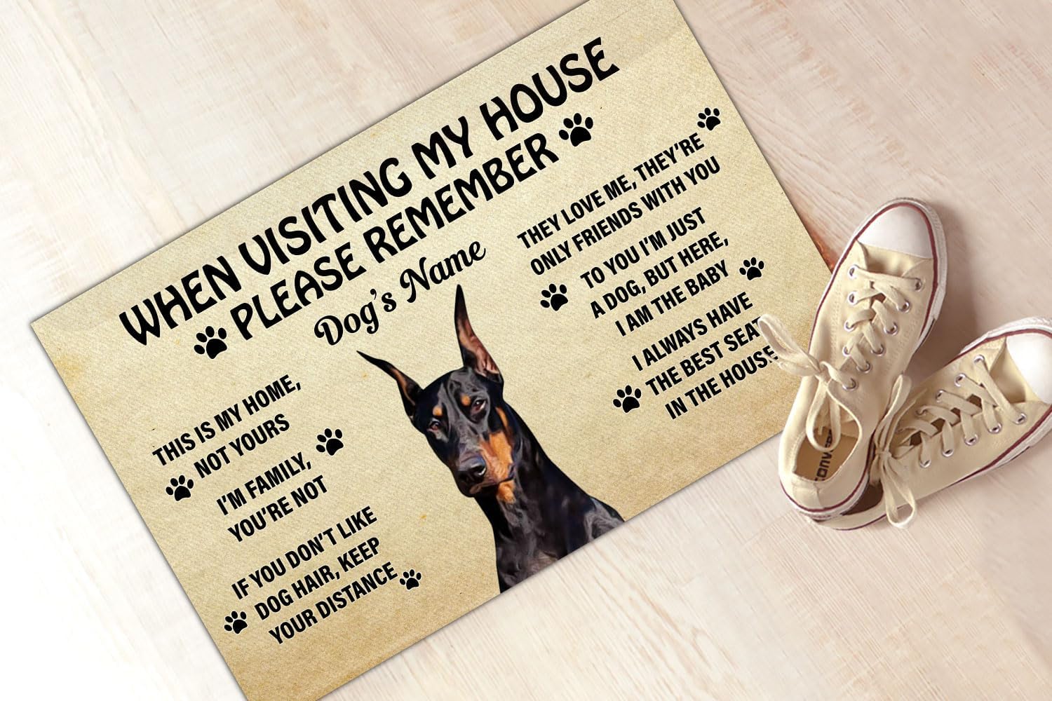 Felpudo personalizado de Doberman Pinscher para cachorros cuando visites mi casa, por favor recuerde, bienvenida, tapete para puerta delantera, para
