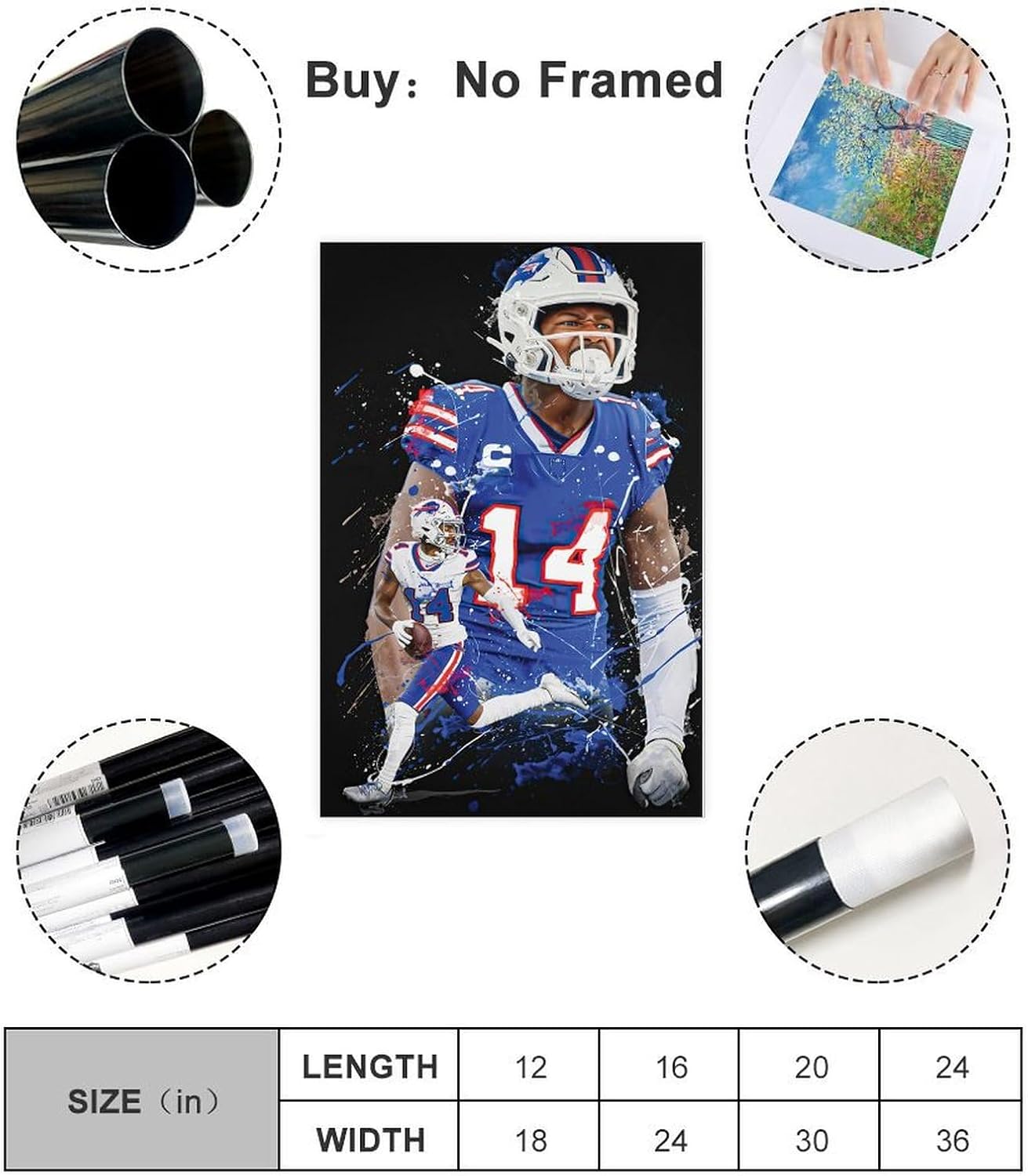 BAVIEN Stefon Diggs – Póster de arte de fútbol, arte de pared, pintura impresa para sala de estar, dormitorio, sin marco 12 x 18 pulgadas (11.8 x