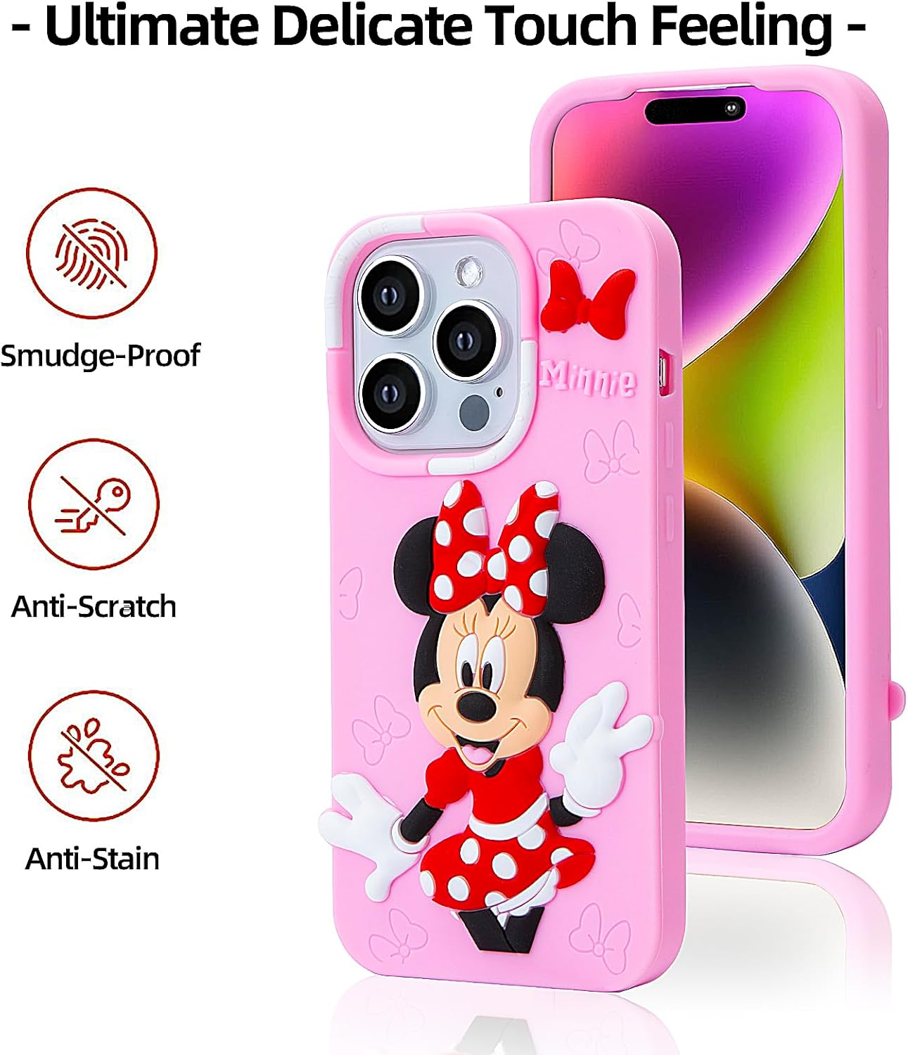 Funda compatible con iPhone 15 Pro Max, linda y divertida funda de silicona de Minnie de dibujos animados para niños, niñas y mujeres