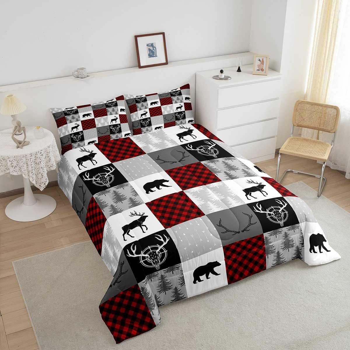 Castle Fairy Juego de edredón de tamaño Queen con diseño de oso de ciervo a cuadros, juego de ropa de cama de retazos con 2 fundas de almohada,