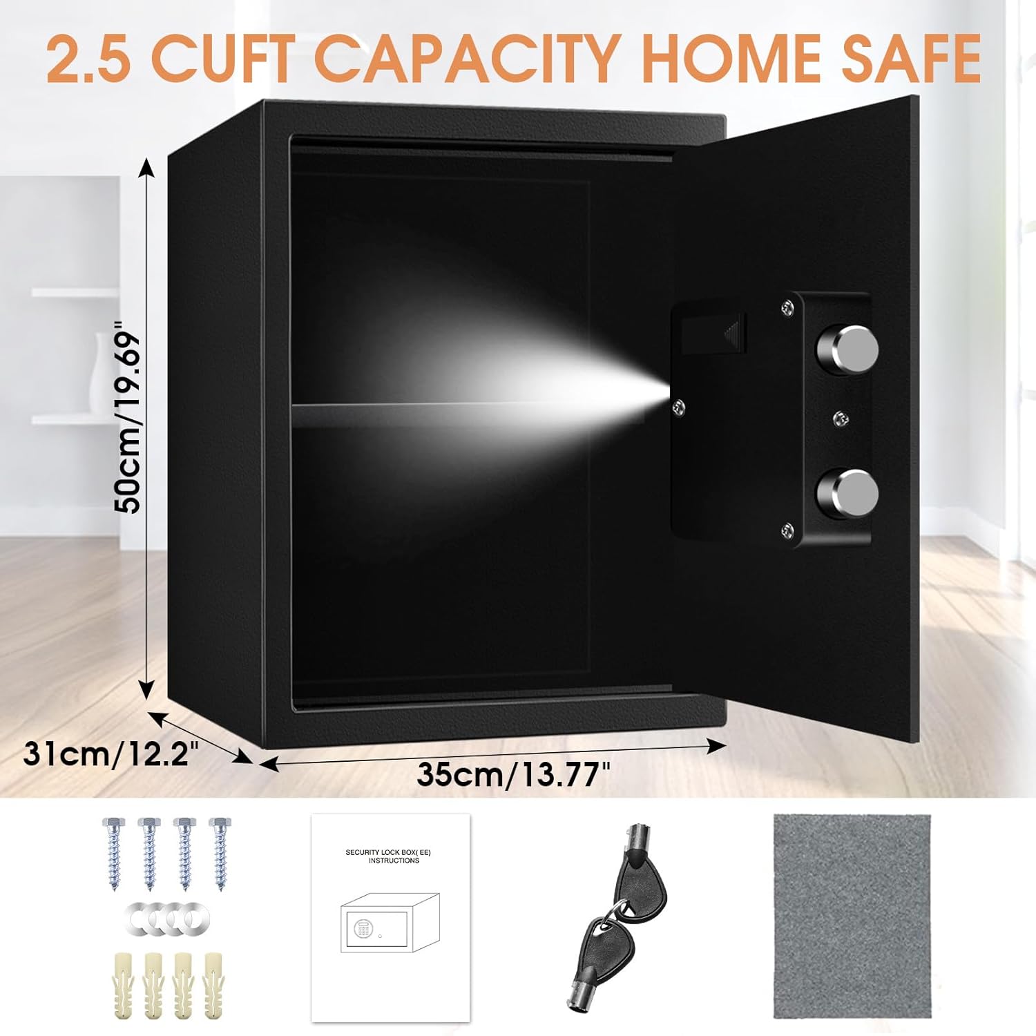 Caja fuerte de seguridad digital para el hogar de 2.5 pies cúbicos, impermeable, con teclado programable y estante extraíble, para documentos,