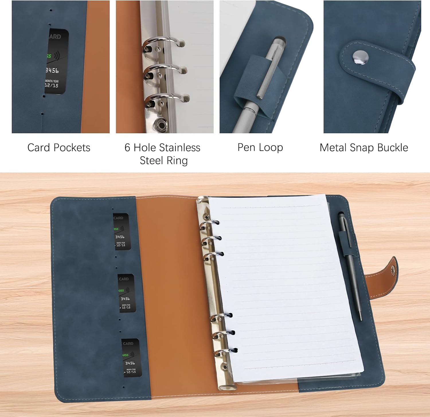 GoodSing Cuaderno de cuero con anillas A5, carpeta A5 de 6 anillos con papeles de repuesto A5, bolsillos para carpetas y separadores de temas, hoja