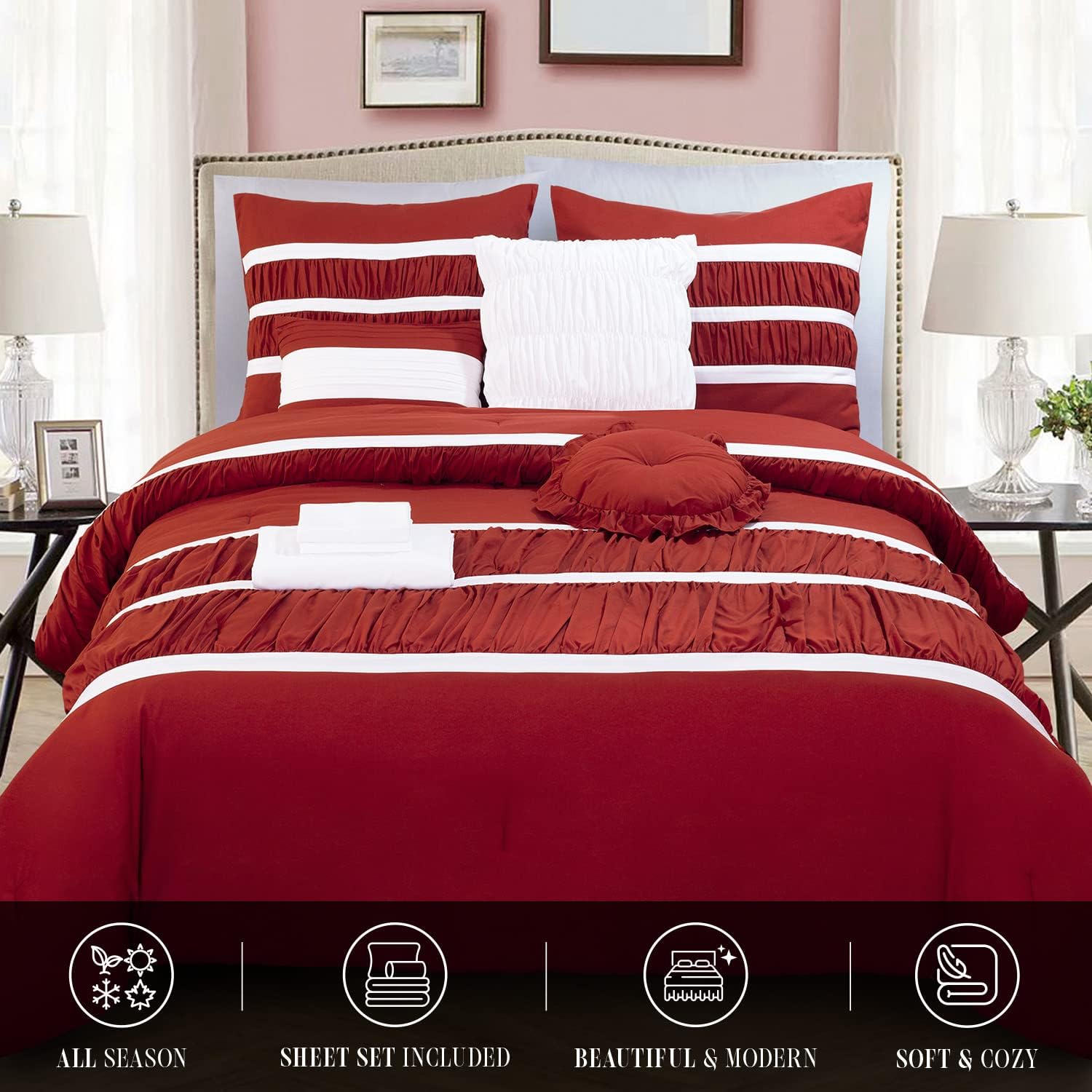 Elegant Comfort Isabella – Juego de edredón plisado con volantes de 12 piezas, juego de sábanas de 6 piezas con bolsillos inteligentes, almohadas