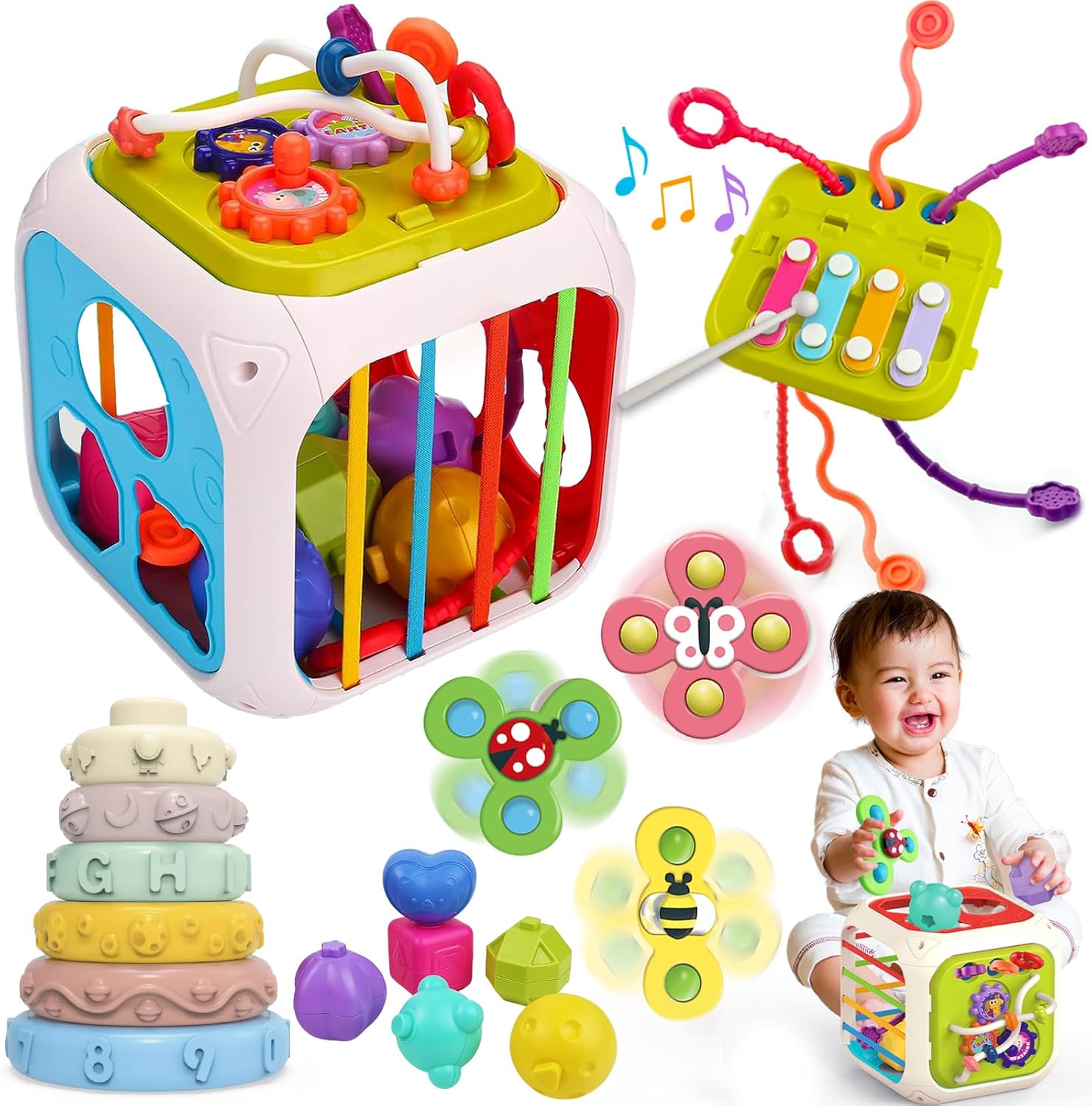Juguetes Montessori 5 en 1 para bebés, juguetes sensoriales para niños pequeños, juguete de cuerda de tracción de viaje, clasificador de formas y