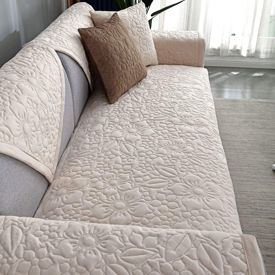 vctops Funda de sofá de felpa súper suave con bordado floral para sofá modular, funda antideslizante para sofá, cómodo y cálido, protector de